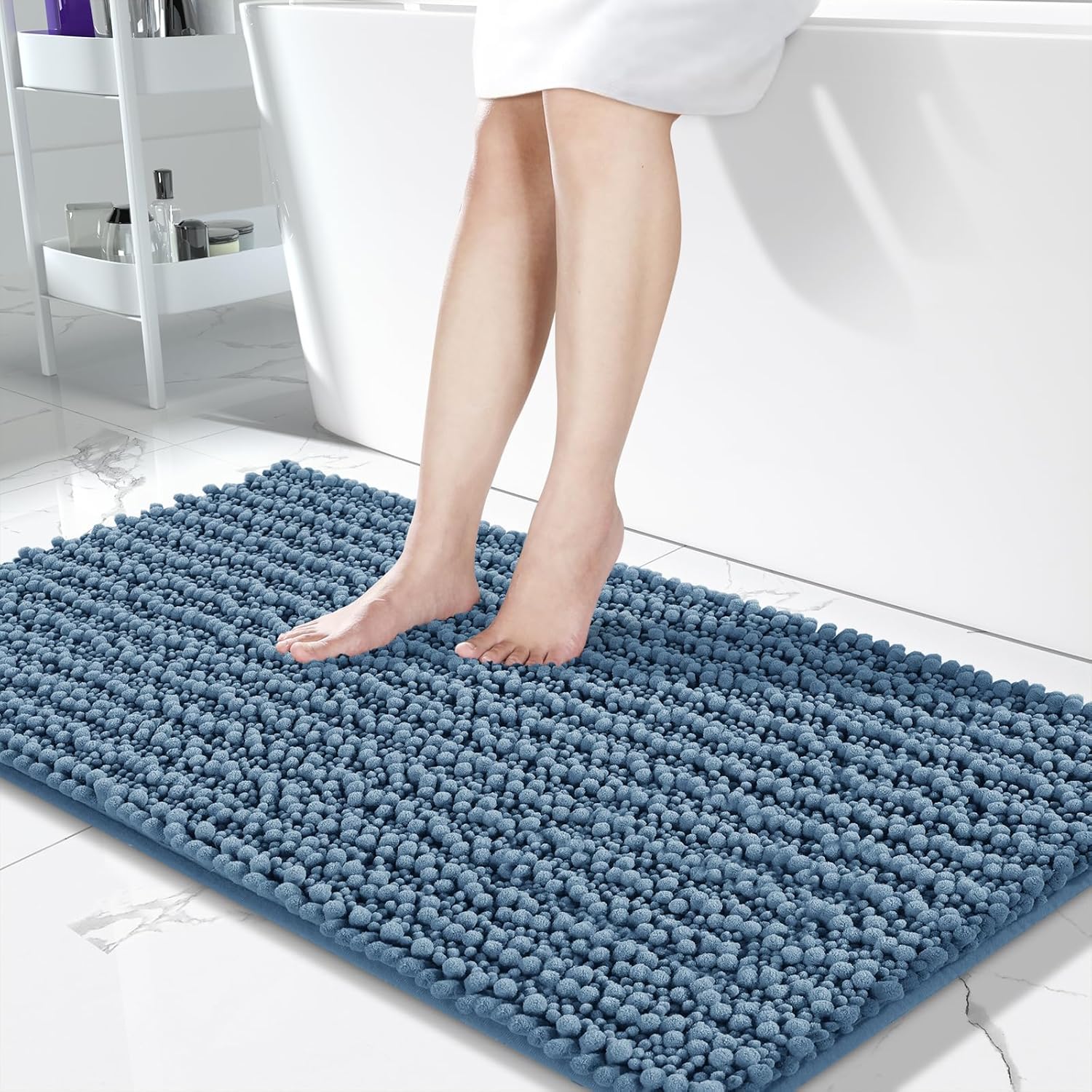 Yimobra Original Luxury Chenille Bath Mat, 44.1 x 24 Inches, Soft Shaggy and Comfortable, Large Size, Super Absorbent and Thick, Non-Slip, Machine Washable, Perfect for Bathroom, Denim Blue 44" x 24" Denim Blue
