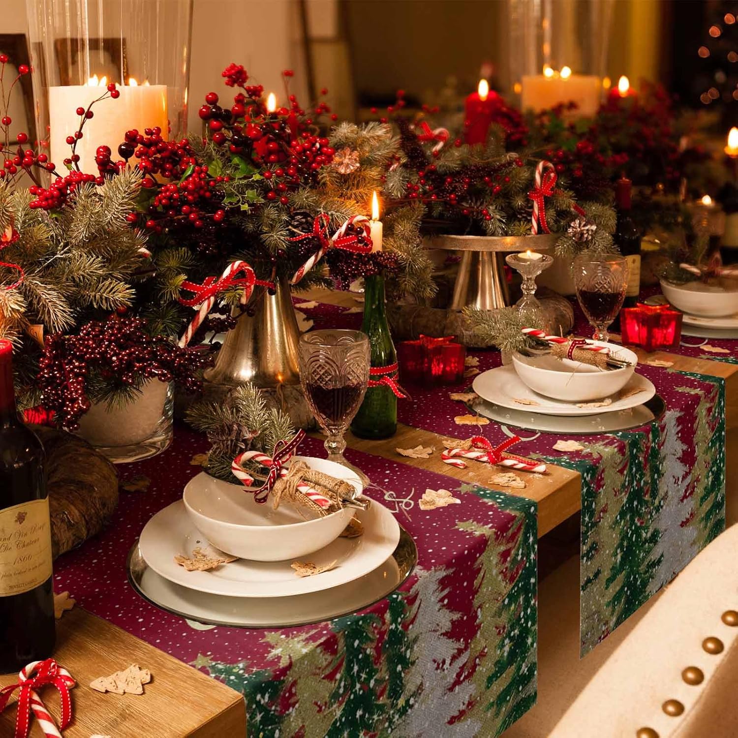 Christmas Tree Table Runner 13x120 Inches Long Gold Pine Tree Runner for Table Red Snowflake Table Runners Washable Cotton Linen Dresser Scarf for Kitchen Coffee Banquet Xmas Holiday Party Decor