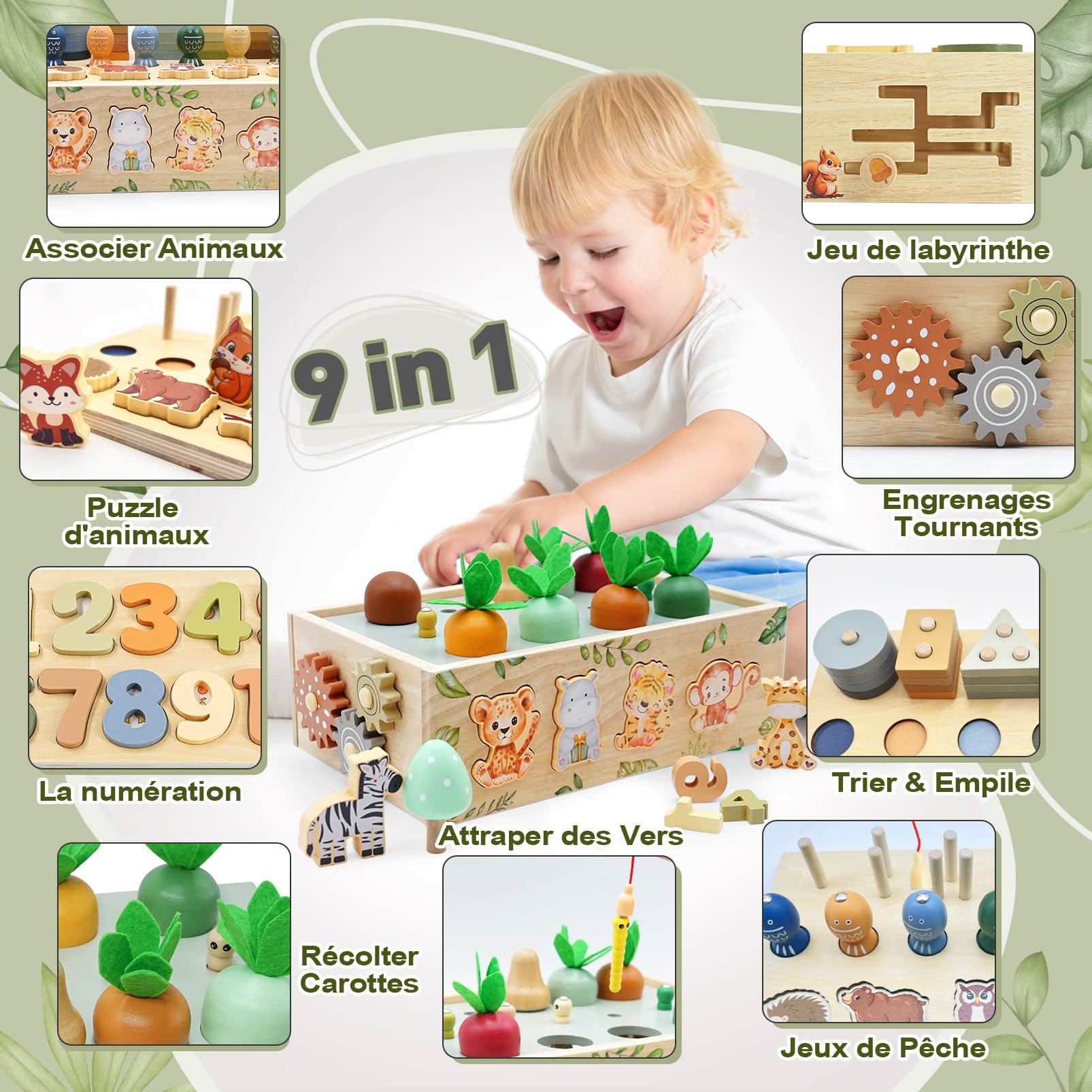 Jouet Enfant 1 2 3 Ans, 9 en 1 Jeux Montessori 2 3 4 Ans Éducatif, Safari Jouet en Bois Montessori 2 an, Jeux Efants 2 3 Ans Fille Garcon, Cadeau Enfant 1 2 3 4 Ans Fille Garcon