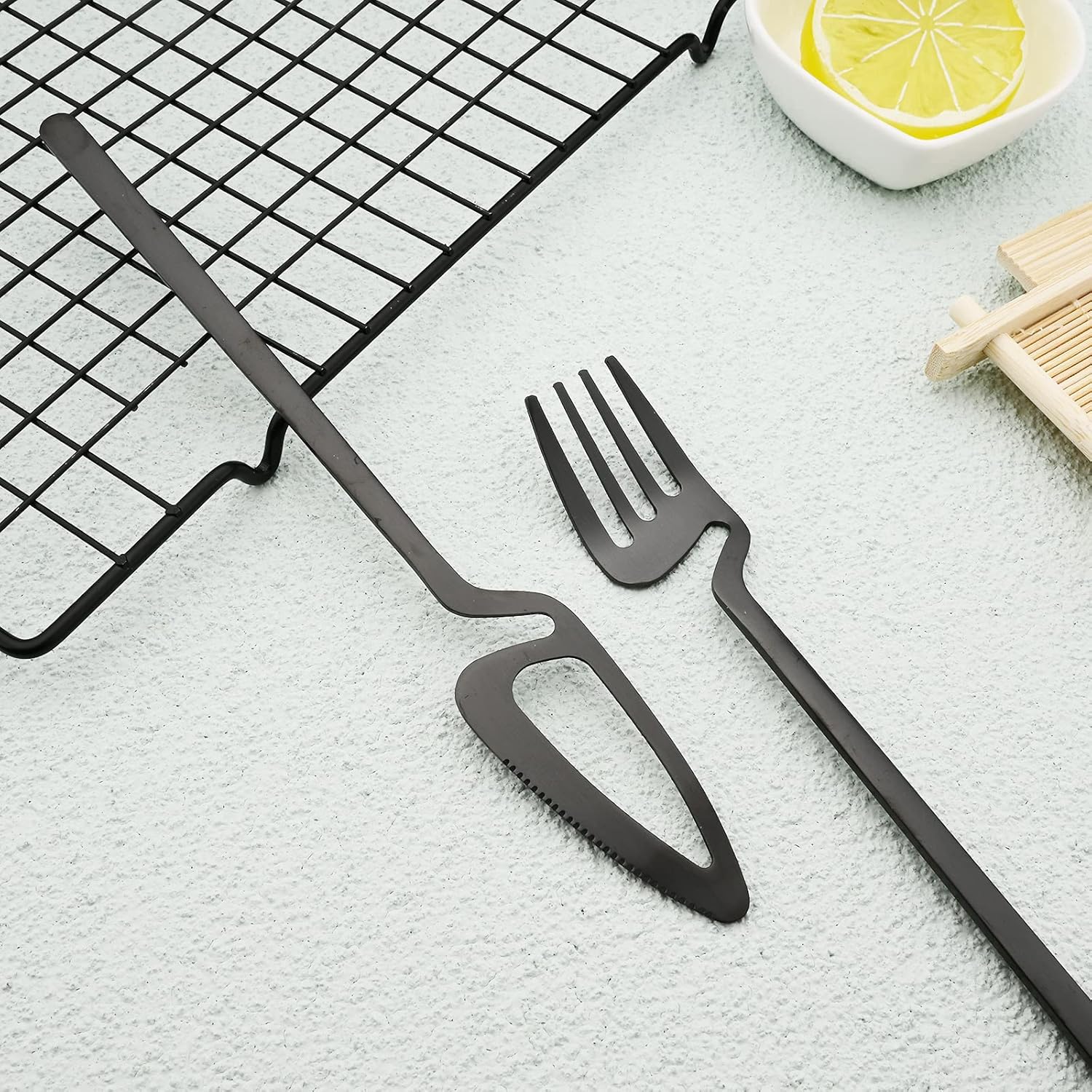 Unique Cute 42-Piece Black Flatware Silverware Sets Hangable 304 Stainless Steel Reusable Cutlery Kitchen Utensils Service for 6, Satin Finished, Dishwasher Safe