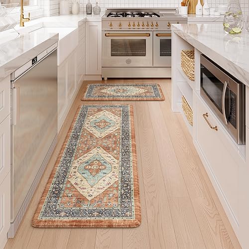 Vista 597 de KIMODE - Juego de 2 tapetes de cocina bohemios, antifatiga, antideslizantes, impermeables, ergonómicos, acolchados, cómodos, para lavandería, Caqui