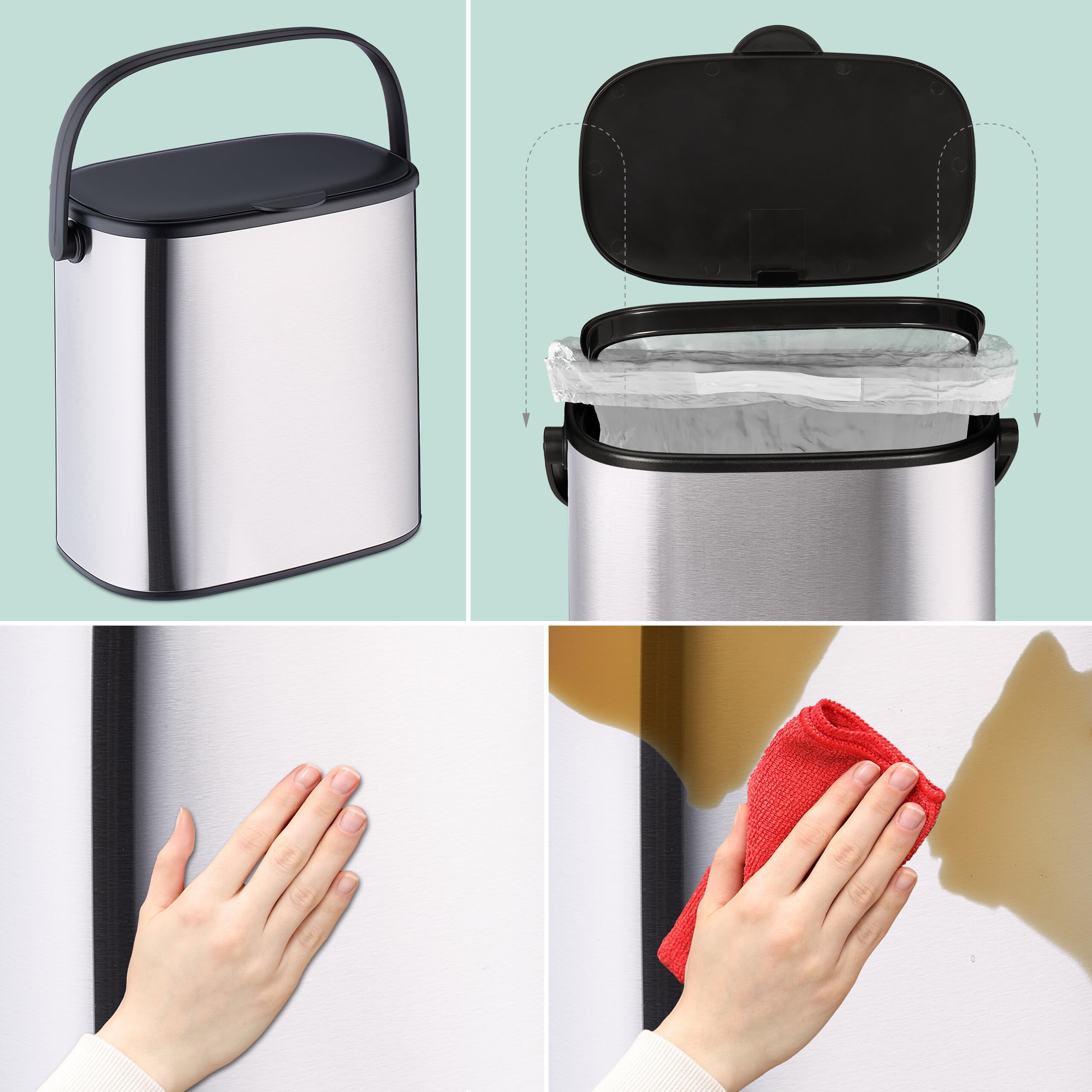 Poubelle Suspendue Relaxdays 5L - Pour Salle De Bain/cuisine, Couvercle Amovible, Argent/noir