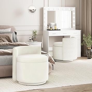 allamazing 360° Swivel Accent Chair with Storage, Vanity Stool with Back, Velvet Storage Ottoman, Upholstered Round Barrel Vanity Chair for Living Room, Makeup Room, Bedroom (Off White)