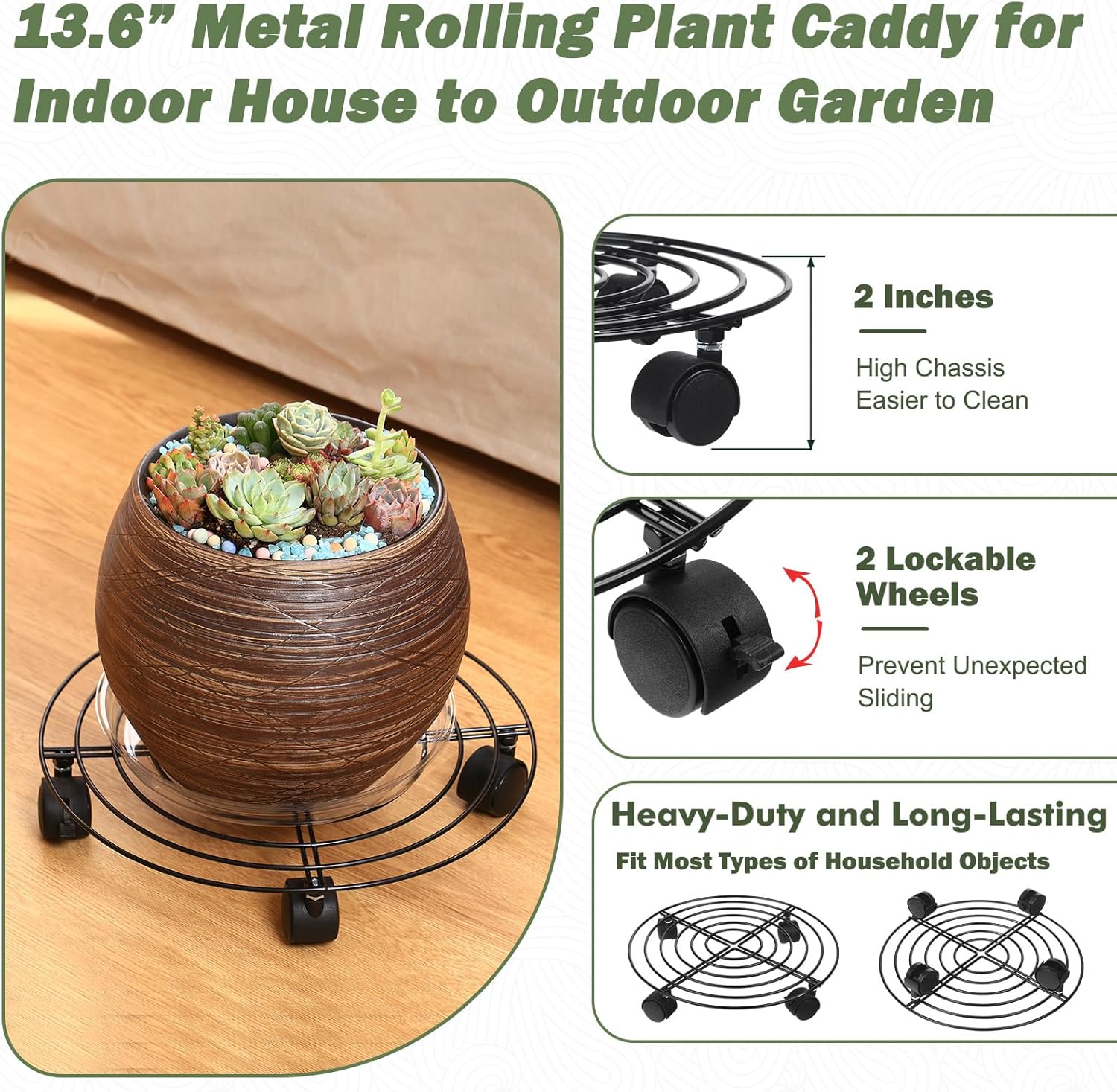 5 Packs Large Metal Plant Caddy 13.8 Inches Plant Dolly with Wheels Heavy-duty Wrought Iron Rolling Plant Stand with Casters for Indoor and Outdoor Plant Pot Rollers Black, Plastic Saucers Included