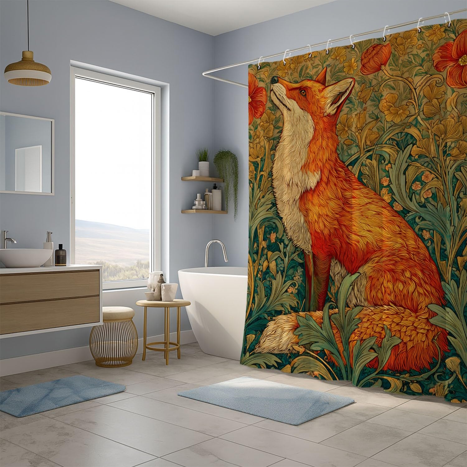 Generico Fantasia Tenda Da Doccia Arte Giardino Volpe Arancione, Tenda Da Doccia Per Bagno, Vasca Da Bagno, Tenda In Poliestere Impermeabile Con Ganci In Plastica, 200 x 200 cm