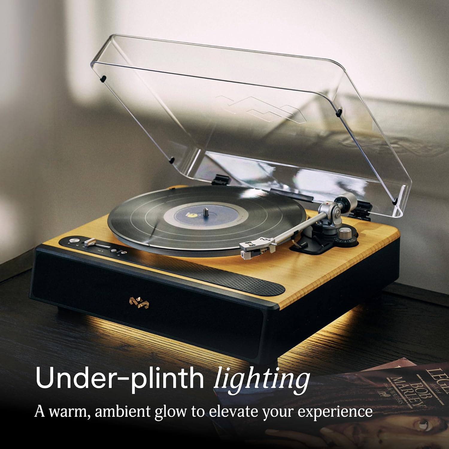 House of Marley Soul Rebel Bluetooth Turntable, Built-in Stereo Speakers with Dual Bass Port, Audio Technica Stylus, RCA/Aux Out, Bamboo & REGRIND Plastic, Dust Cover, LED Ambient Lighting