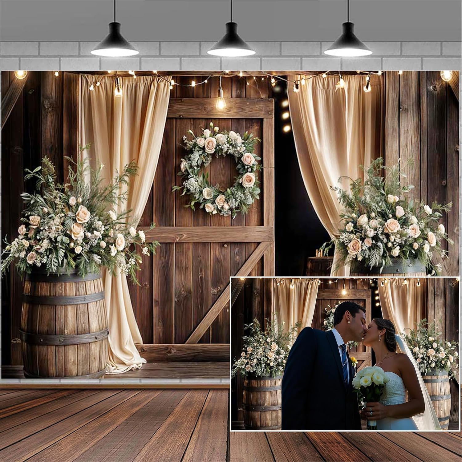 12X10ft Wooden Wedding Backdrop Banner Vintage Country Floral Barn Door Anniversary Photography Backdrops Western Rustic Plank Birthday Party Baby Shower Party Photographic Studio Photo Backgrounds