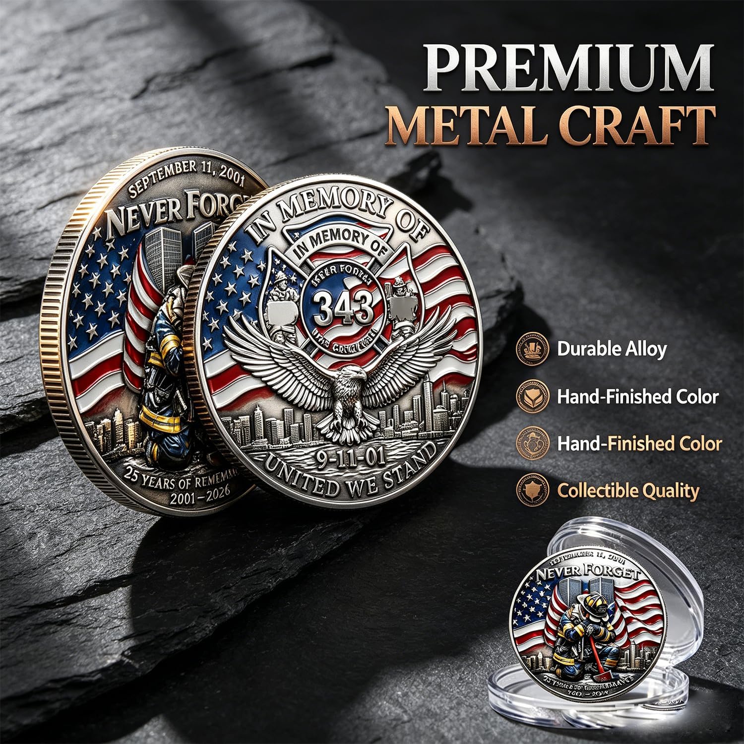 9/11 Never Forget Challenge Coin 25th Anniversary Commemorative Coin 343 Firefighter Memorial Coin Honor Heroes 9/11 2001 Patriotic Collectible Gift for Veterans First Responders (B 10PCS)