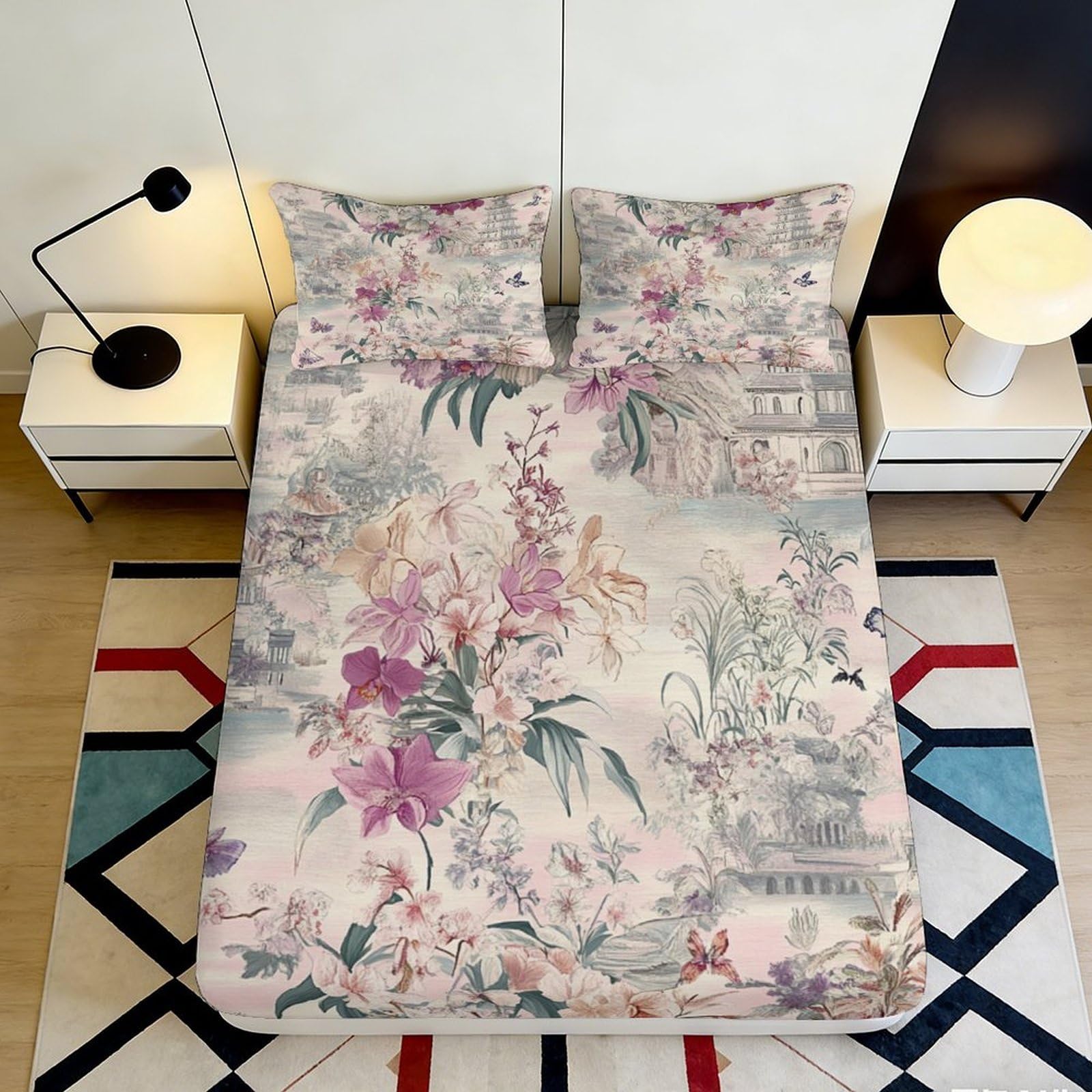 3D Printed Oriental Floral Fitted Sheet Microfiber Soft Pink Watercolor Landscape Mattress Cover for Bedroom Guestroom Decor 90x200x25cm
