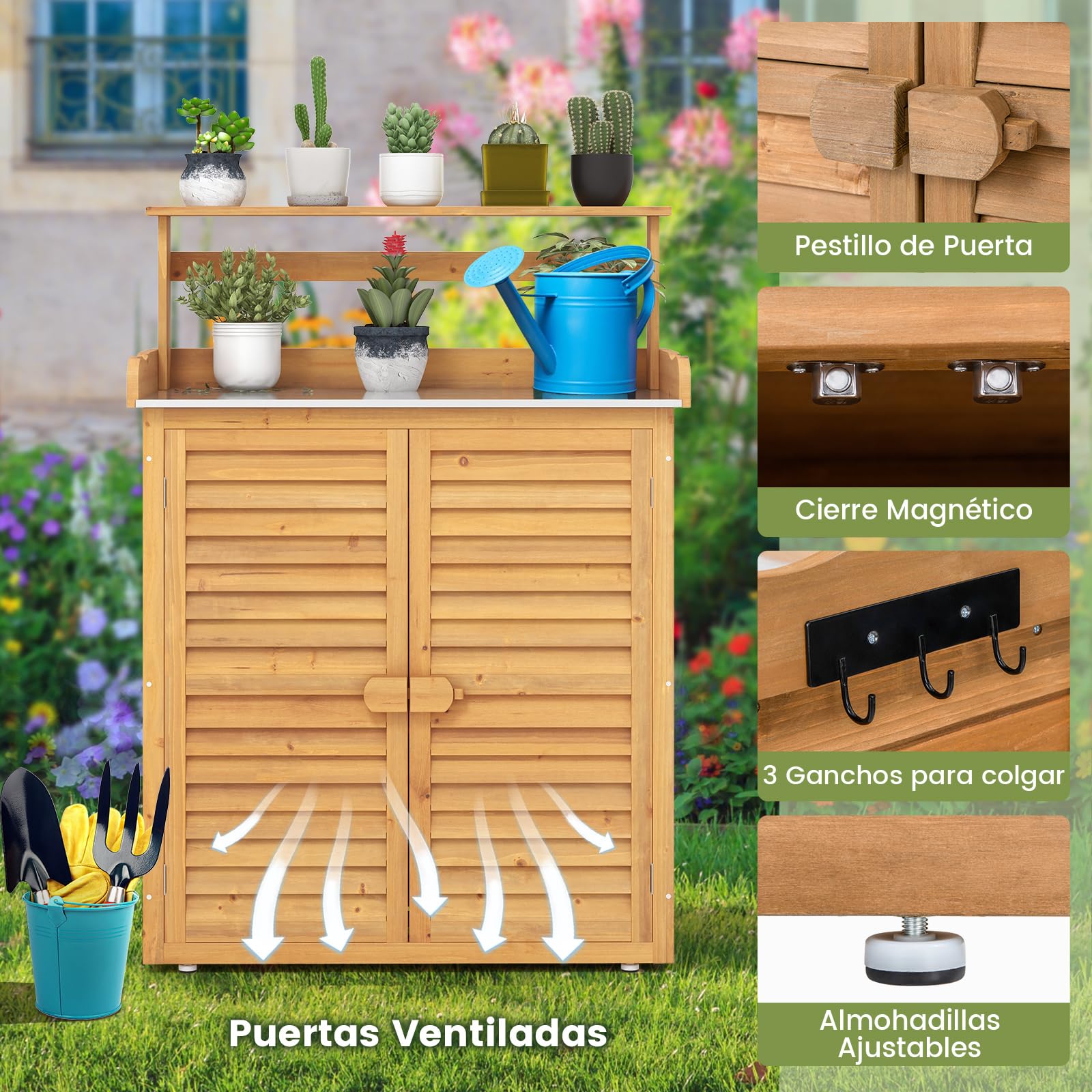 COSTWAY Armario Exterior de Madera Abeto, Cobertizo Exterior con Encimera de Metal Galvanizado, Estantes Extraíbles y 2 Puertas, Caseta Jardin Terraza Balcon, 87 x 45 x 120 cm (Natural)