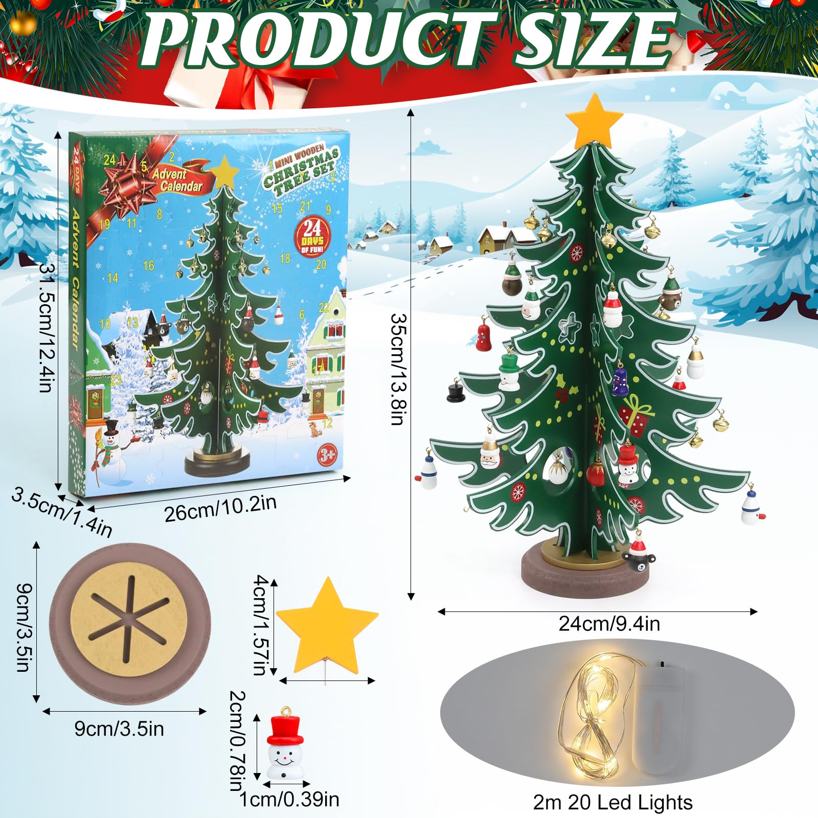Calendario dell'Avvento 2025, albero di Natale in legno con 36 ciondoli e catena luminosa a LED, 24 giorni, conto alla rovescia, mini albero di Natale, regalo per ragazzi e ragazze