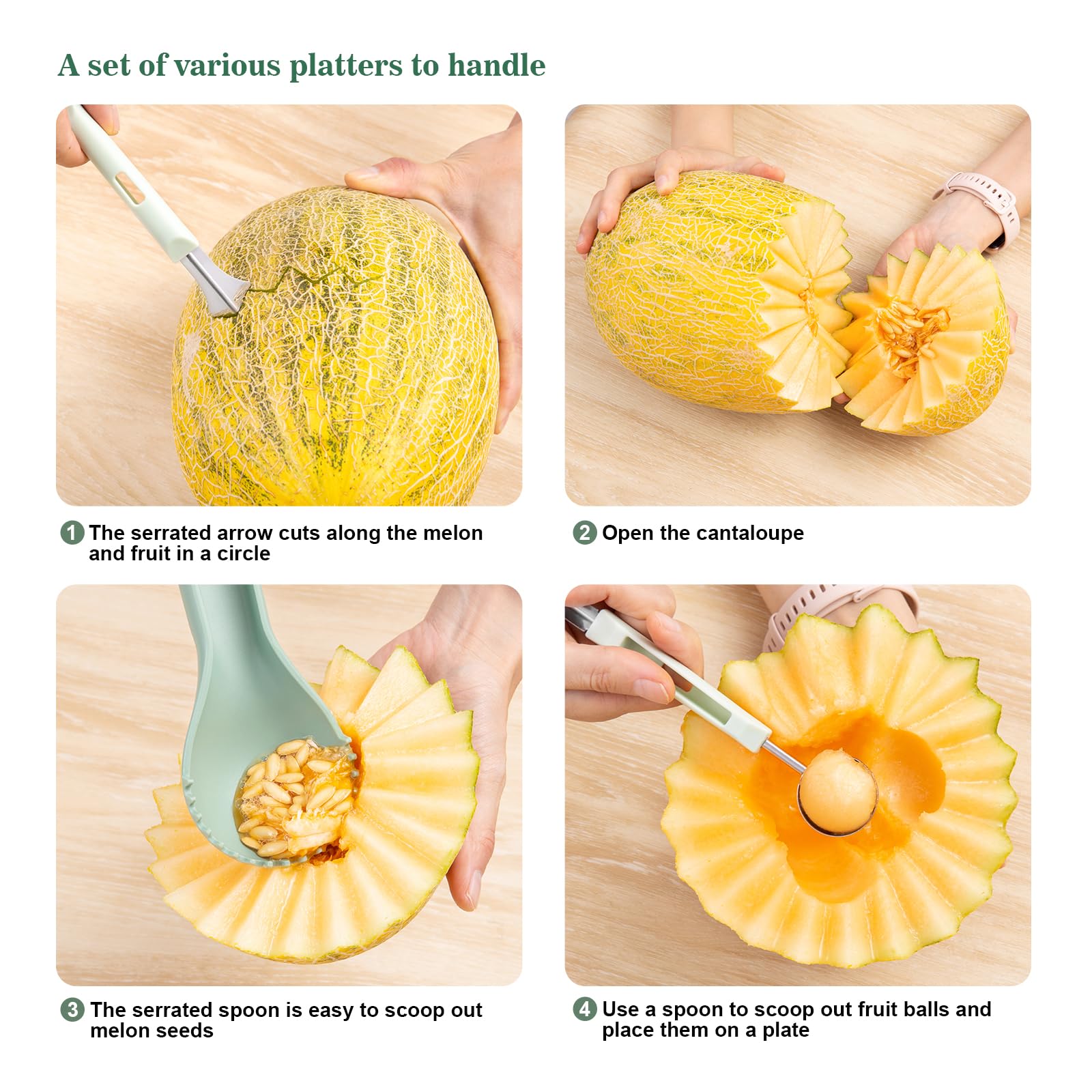 XGIZMOO Melon Baller Scoop Set - 6 in 1,Stainless Steel Fruit Cutter,Seed Remover Cutter,watermelon Scooper Fruit Scooper and Baller, Fruit Carving Tools Dig Pulp Separator Fruit Slicer(Green) - Image 3