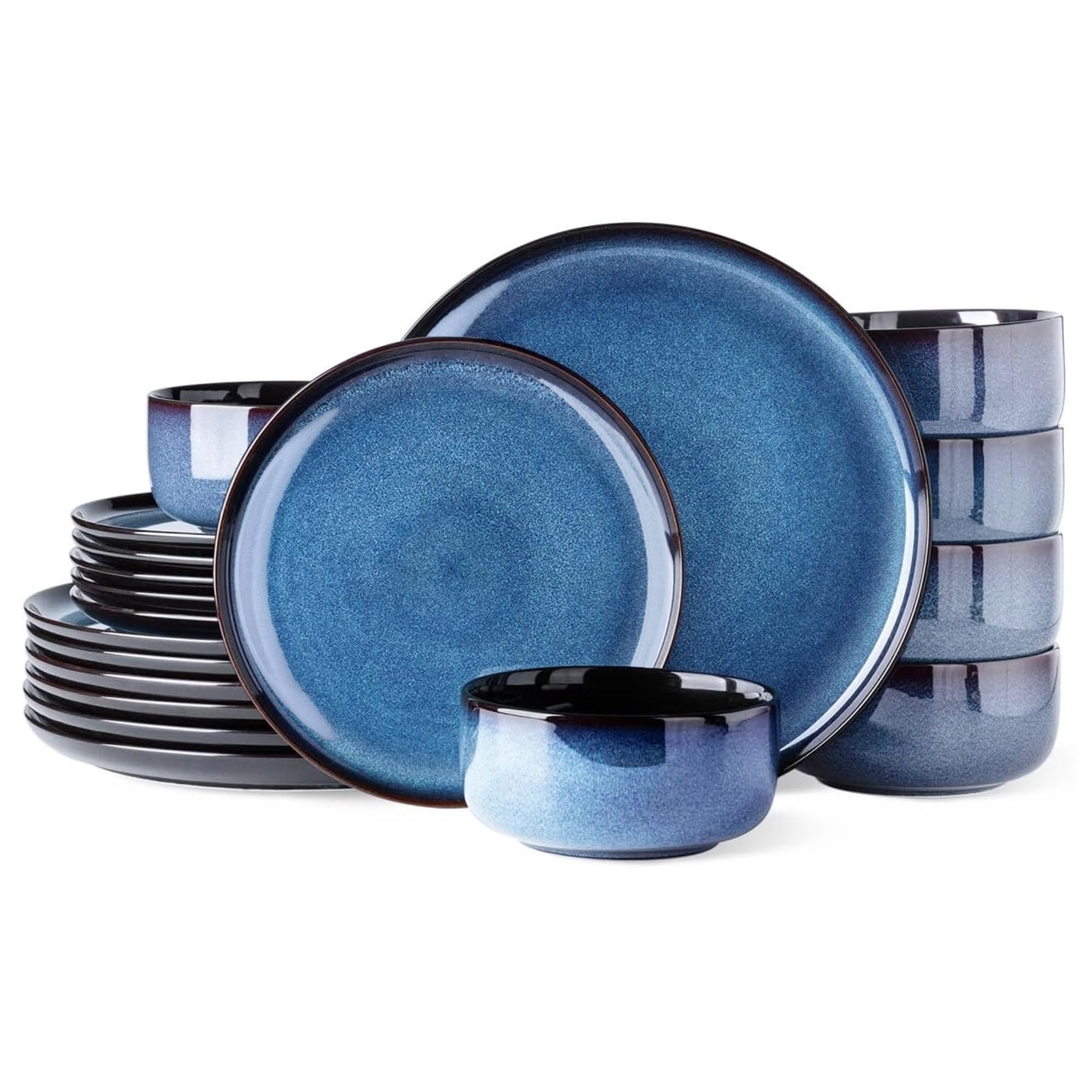 LeRatio Ceramic Dinnerware Sets for 6,Porcelain Plates and Bowls Sets,Handmade Reactive Glaze Dishes Set,Chip Resistant and Scratch Resistant | Oven&Dishwasher & Microwave Safe-Blue(18PCS)
