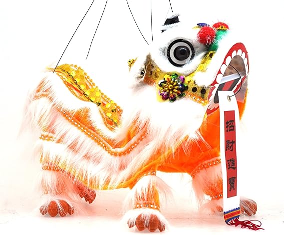 Mandala Crafts Hand String Puppet with Rod, Chinese Marionette Lion Toy, Orange on White