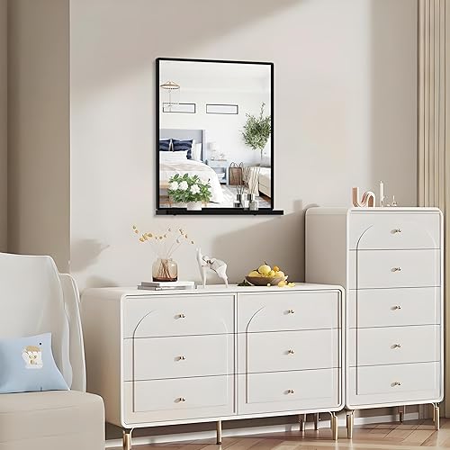 Miniatura 7 de WONSTART Espejo de baño con estante, espejo de pared rectangular negro, marco de metal, colgante horizontal o vertical (24 x 20 pulgadas)