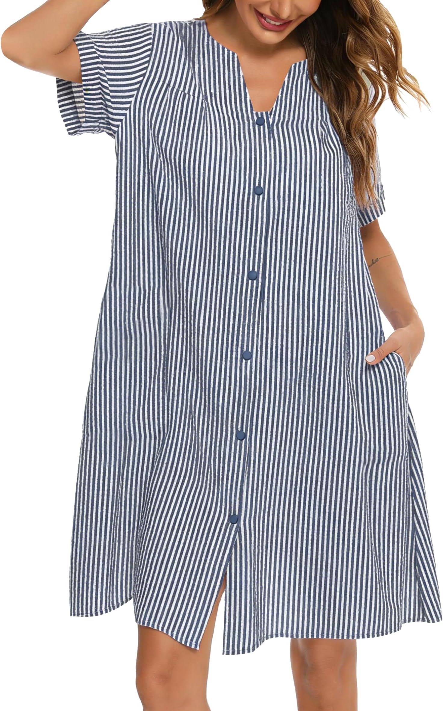 House Dress Women Cotton Duster Robe Short Sleeve Housecoat Button Down Nightgown