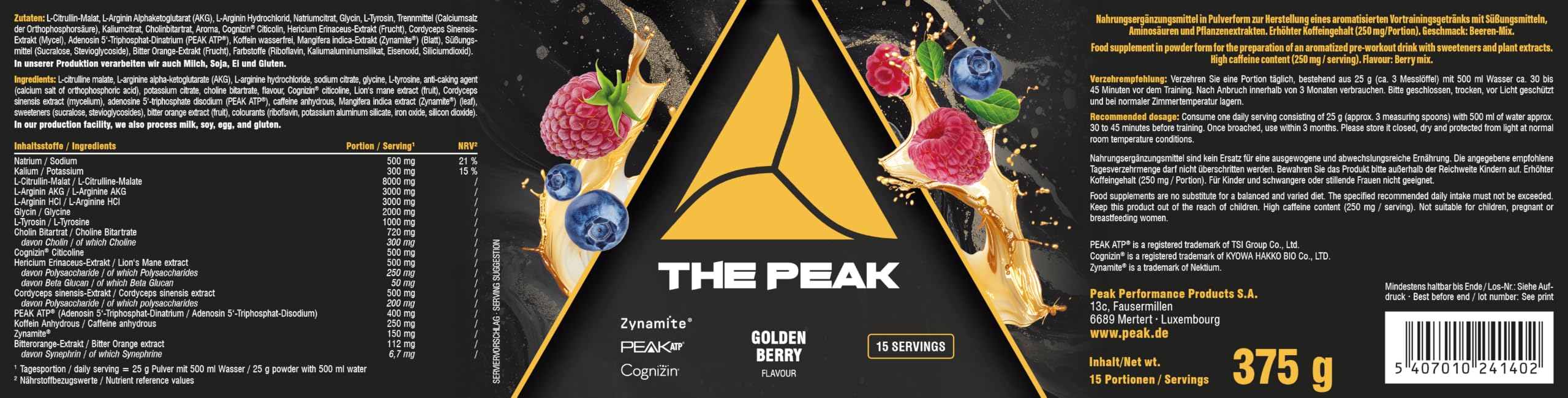 THE PEAK - 375g Geschmack Golden Berry I 15 Portionen I Hardcore Pre-Workout Booster für Energie, Fokus & Pump mit L-Citrullin, L-Arginin, Koffein, Bitter Orange Extrakt, Lions Mane, ATP, u.v.m.