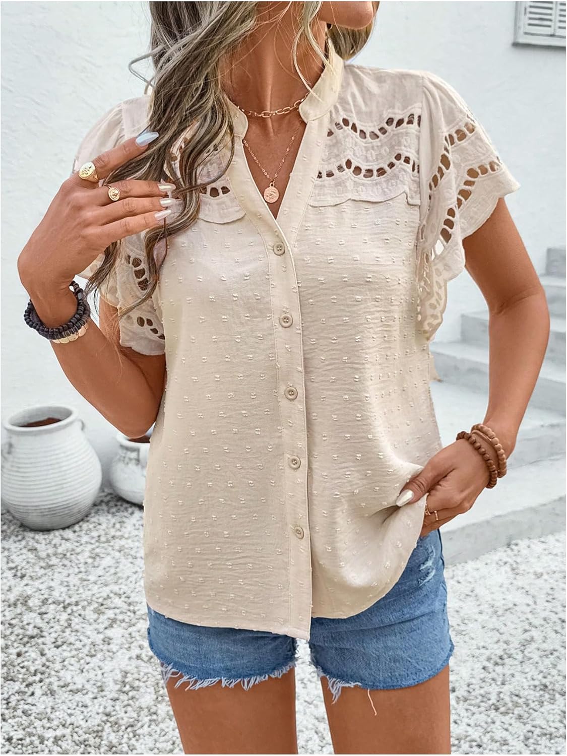 SweatyRocks Women's Ruffle Sleeve Button Down Blouse Boho Swiss Dots Hollow Out Summer Shirts - Image 5