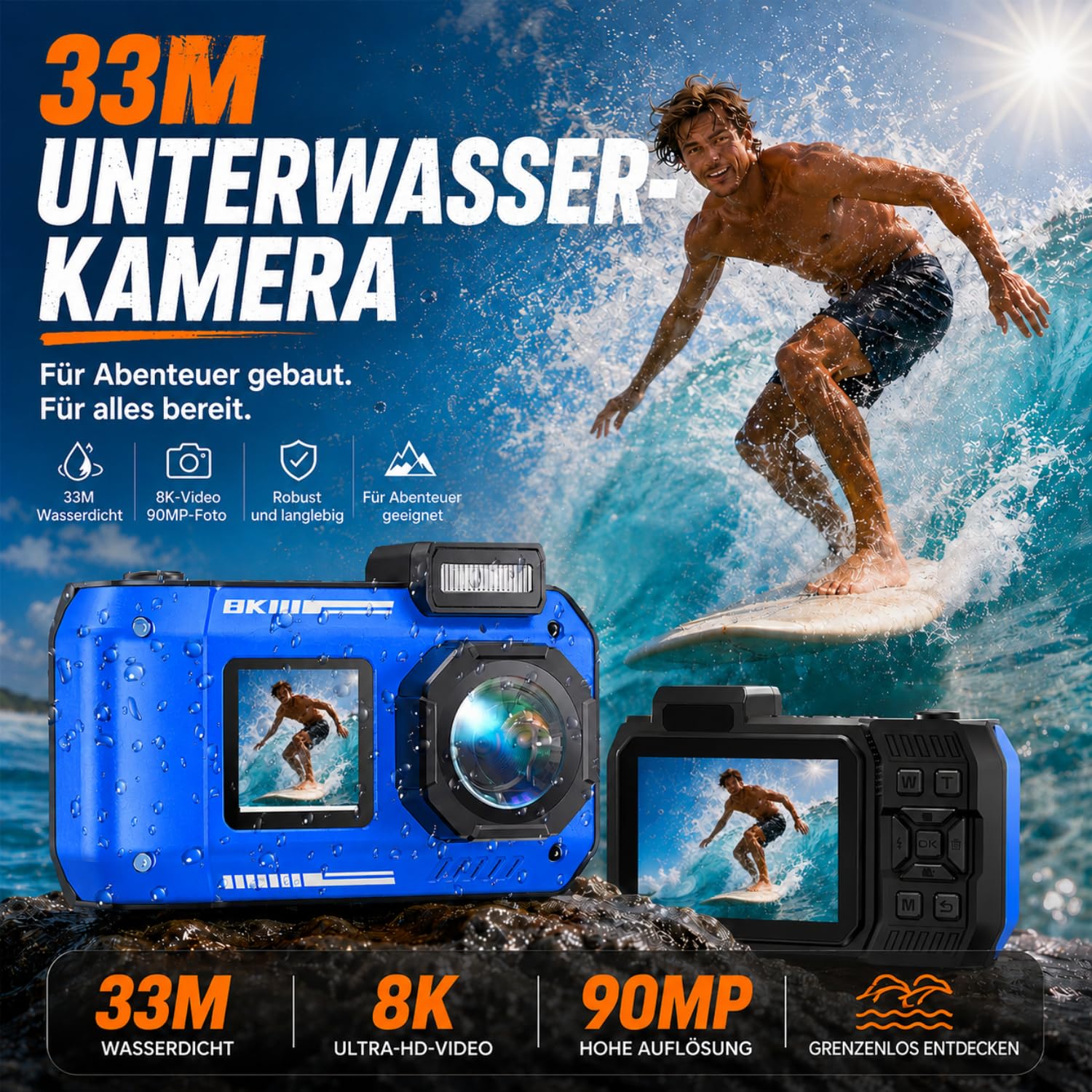 Maxmango D50 8K Unterwasserkamera,33FT wasserdichte Kamera mit 16GB Karte,2.8'' Dual-Screen Selfie Staubdichte, Stoßfeste Digitalkamera mit 2500mAh Batterie, 18X für Schnorcheln, Schwimmen und Urlaub