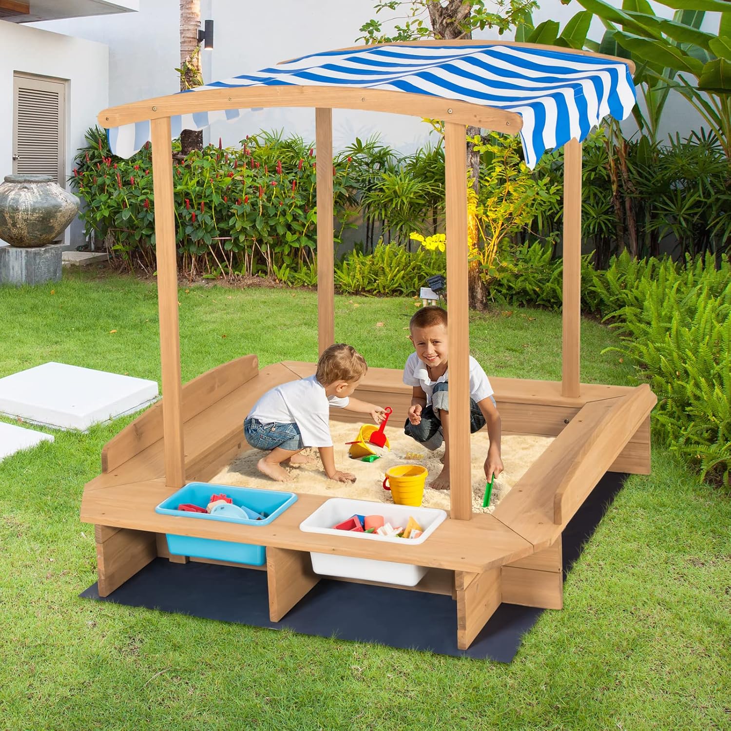 HONEY JOY Kids Sandbox with Canopy, Wooden Bottomless Sand Pit Play Station w/Liner, 2 Storage Bins and Striped Canopy, Built in Benches, Outdoor Square Sand Boxes for Kids Backyard : Toys & Games