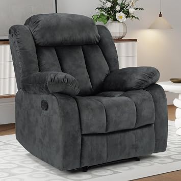 INZOY Manual Recliner Chair with Padded Armrest, Wall-Hugger Single Sofa Recliners with Overstuffed Back, Classical Fabric Reclining Chairs for Living Room Theater Seating, Grey
