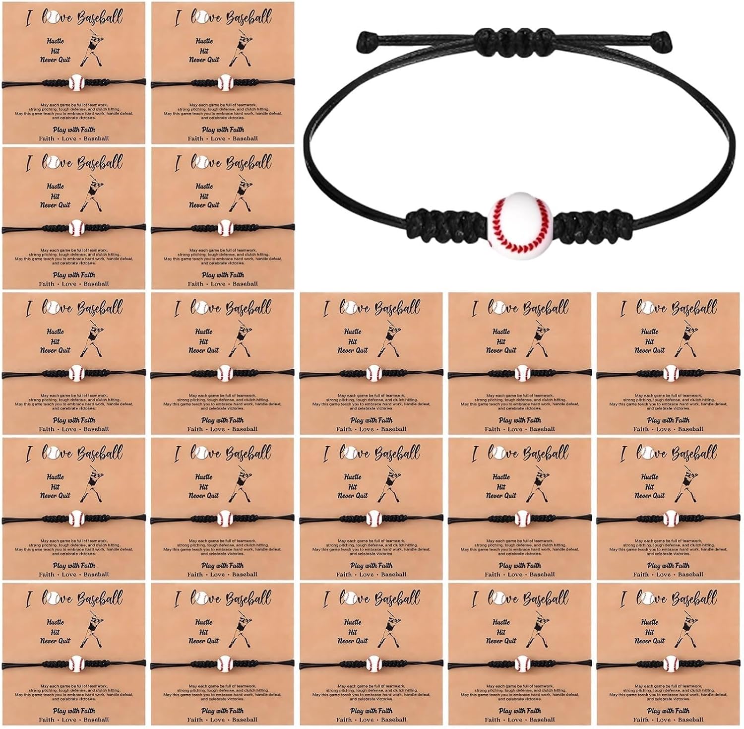 60 Pcs Baseball Bracelets with Cards, Adjustable Rope, Red Eye Stone, Black Matte Stone, Sports Party Favors