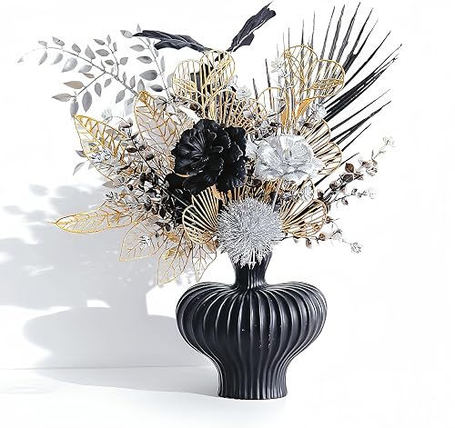Modern Gothic Luxury Artificial Flower Arrangement,Black Silver Centerpiece | 17 Inch With Metallic Accents, for Living Room, Shelf, Dining Table, Holiday Decor and Themed Events, vase not included