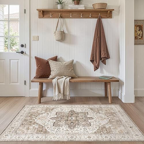 Tortania Area Rug Living Room Rugs - 3x5 Washable Rug Vintage Oriental Distressed Farmhouse Small Thin Indoor Carpet for Living Room Bedroom Under Dining Table Home Office - Brown