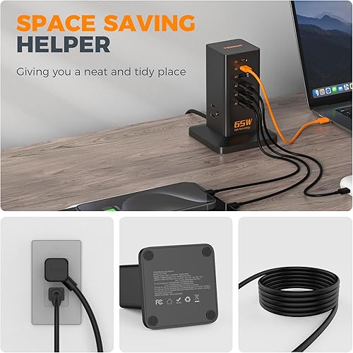 Miniatura 5 de TESSAN - Estación de carga de escritorio para múltiples dispositivos de 65 W, torre de carga rápida USB de 6 puertos GaN con 3 tomas, concentrador