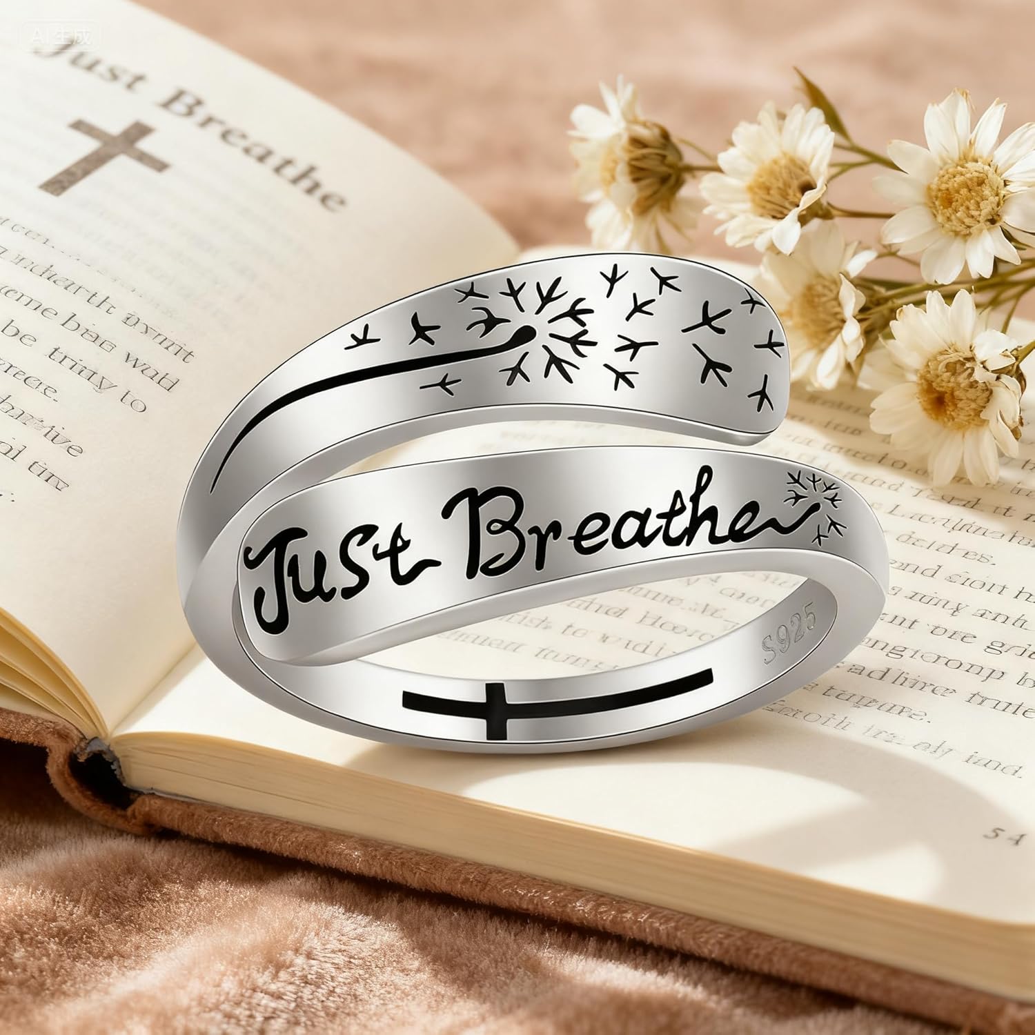 925 Sterling Silver Just Breathe Ring Hope Rings for Women Dandelion Cross Inspirational Encouragement Jewelry Gifts Adjustable Size 7 - Image 6