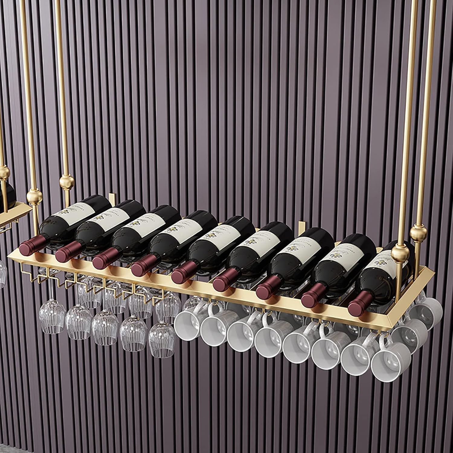 Hanging Wine Glass Holder Industrial Metal Wine Bottle Shelf,Ceiling Gold Wine Rack,Adjustable Height,Iron Wine Glass Holder,Restaurants/Bars/Home Display Stand