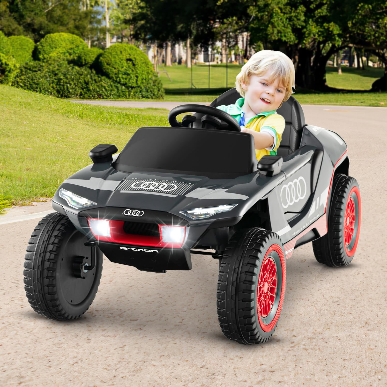 COSTWAY Audi Elektroauto für Kinder, 12V elektrisches Kinderauto mit Fernbedienung & LED-Lichtern & 4 Federungen, Kinderfahrzeug Elektrofahrzeug für Kinder ab 3 Jahren