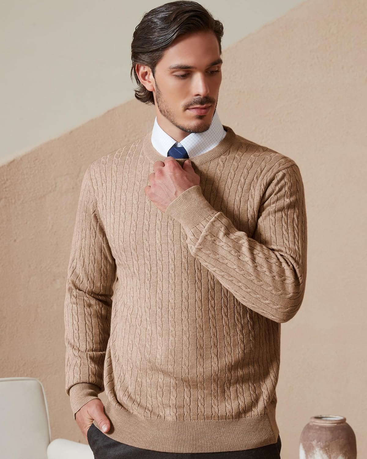 Kallspin Men's Cable Knit Crewneck Sweater Pullovers Wool Blend Relax Fit Knitwear - Image 3