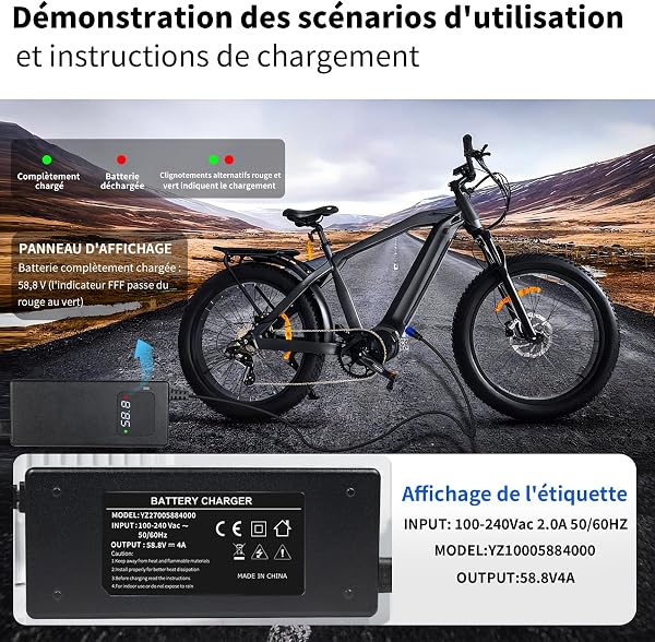 Chargeur 58,8V 2A pour Batterie Lithium-ION 52V – Chargeur Vélo Électrique & Trottinette avec Écran LED - 3