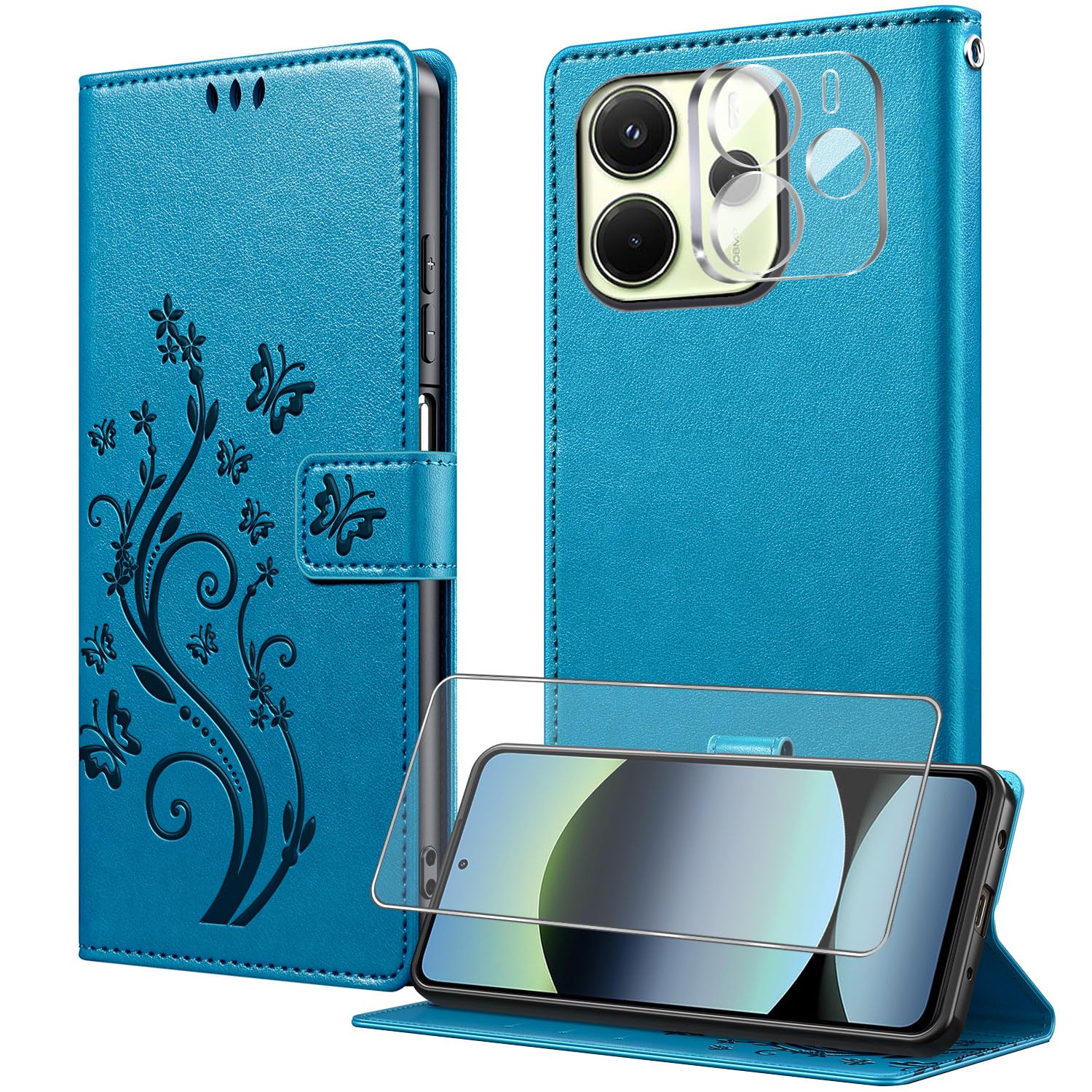 Cover Portafoglio In Pelle PU Per Xiaomi Redmi Note 14 4G Con Vetro Temperato | Blu | 3 Slot Carte E Supporto