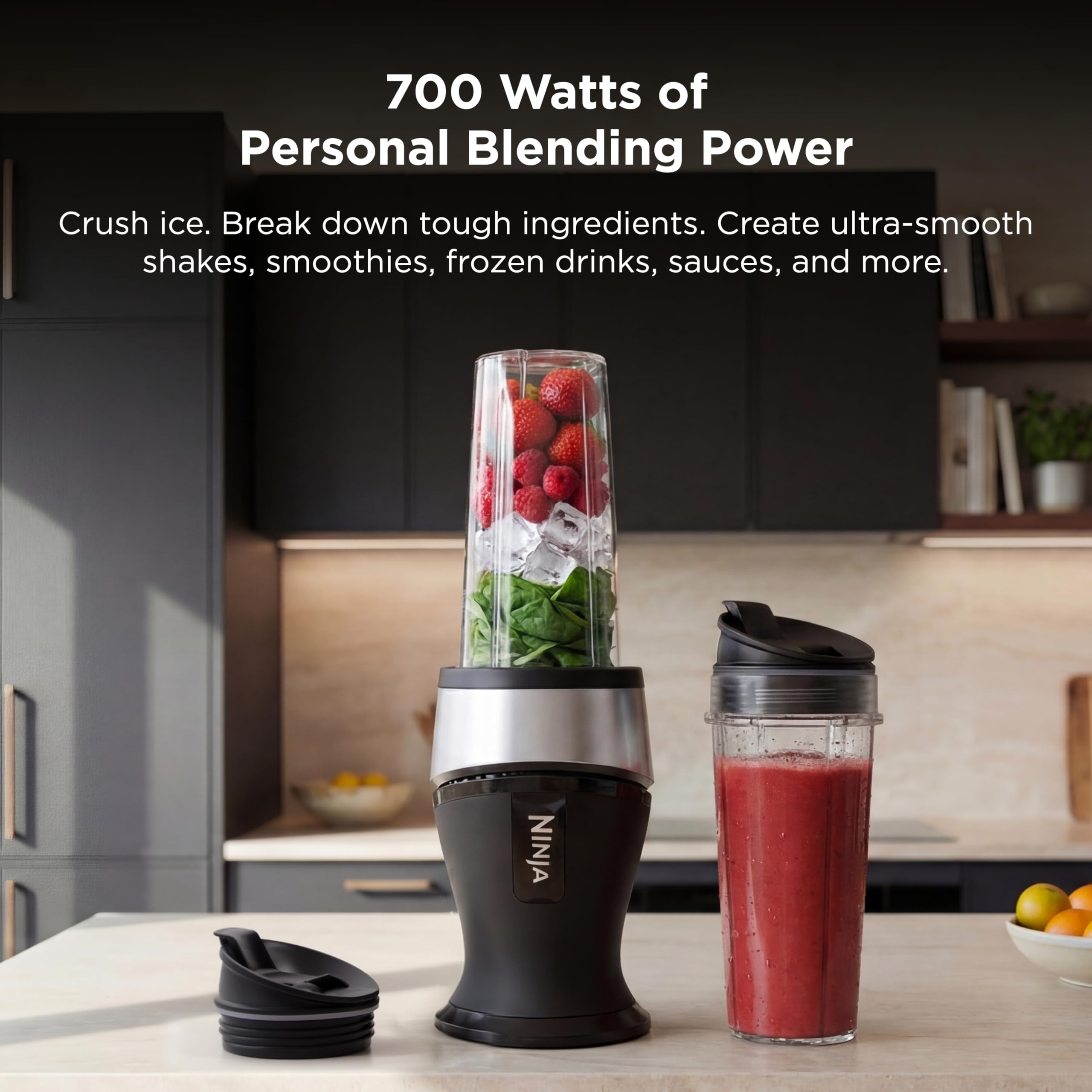 Ninja BN301 Nutri-Blender Plus Compact Personal Blender, 900-Peak-Watt Motor, Frozen Drinks, Smoothies, Sauces & More, (3) 20 oz. To-Go Cups, (2) Spout-Lids (1) Storage-Lid, Dishwasher Safe, Silver: Push to blend