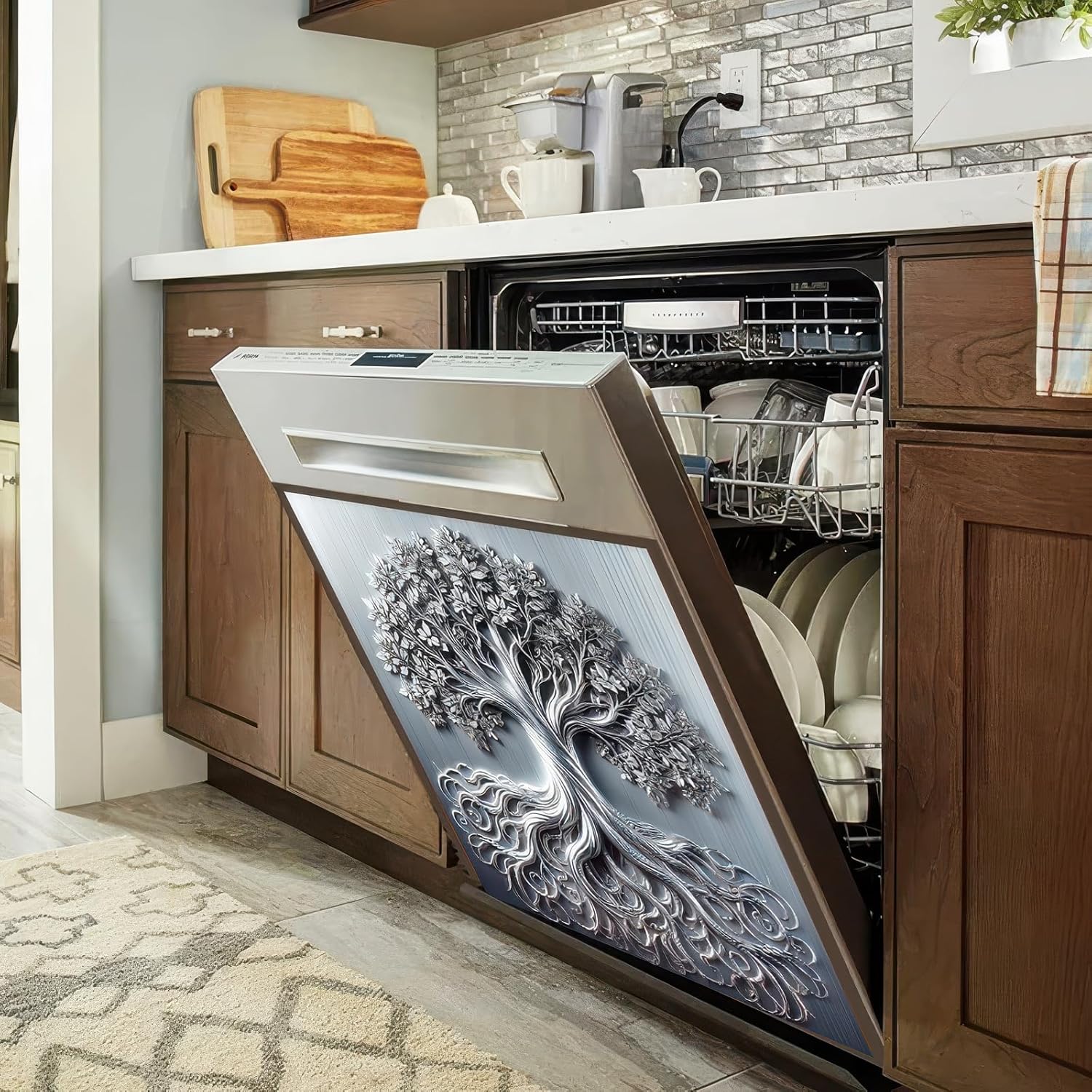 Tree of Life Dishwasher Magnet Cover Skin Panel Magnetic Dishwasher Covers Decorative Sliver Metal of Life Front Door Magnet Cover Home Appliances Dishwasher Refrigerator Cupboard 23x26 Inch