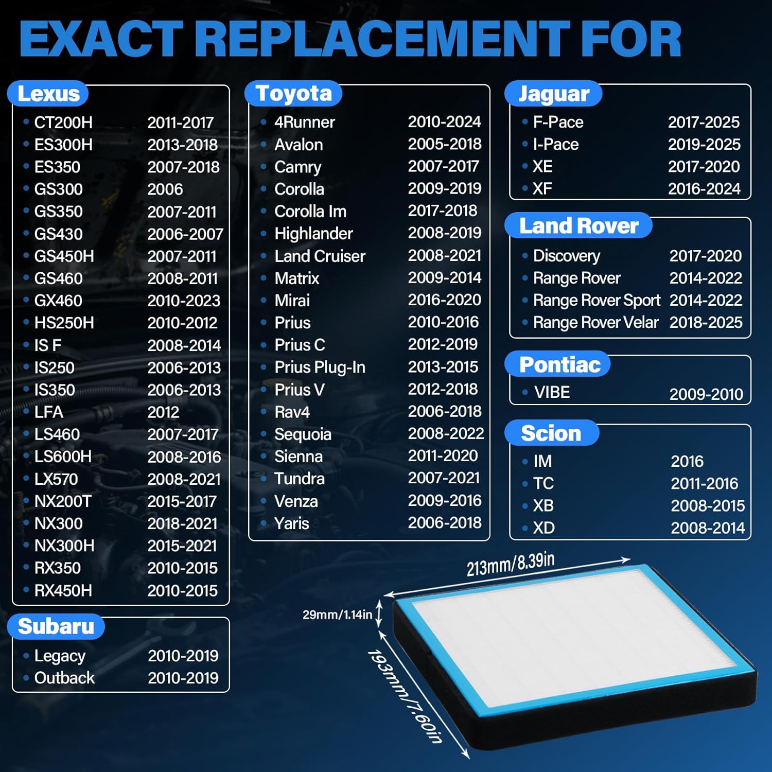 2 Pack CF10285 Cabin Air Filter w/Activated Carbon for Toyota Camry, Corolla, RAV4, Highlander, Prius, 4Runner, Sienna, Tundra, Lexus ES350, RX350 (2006-2025) – HEPA Replacement for 87139-02020