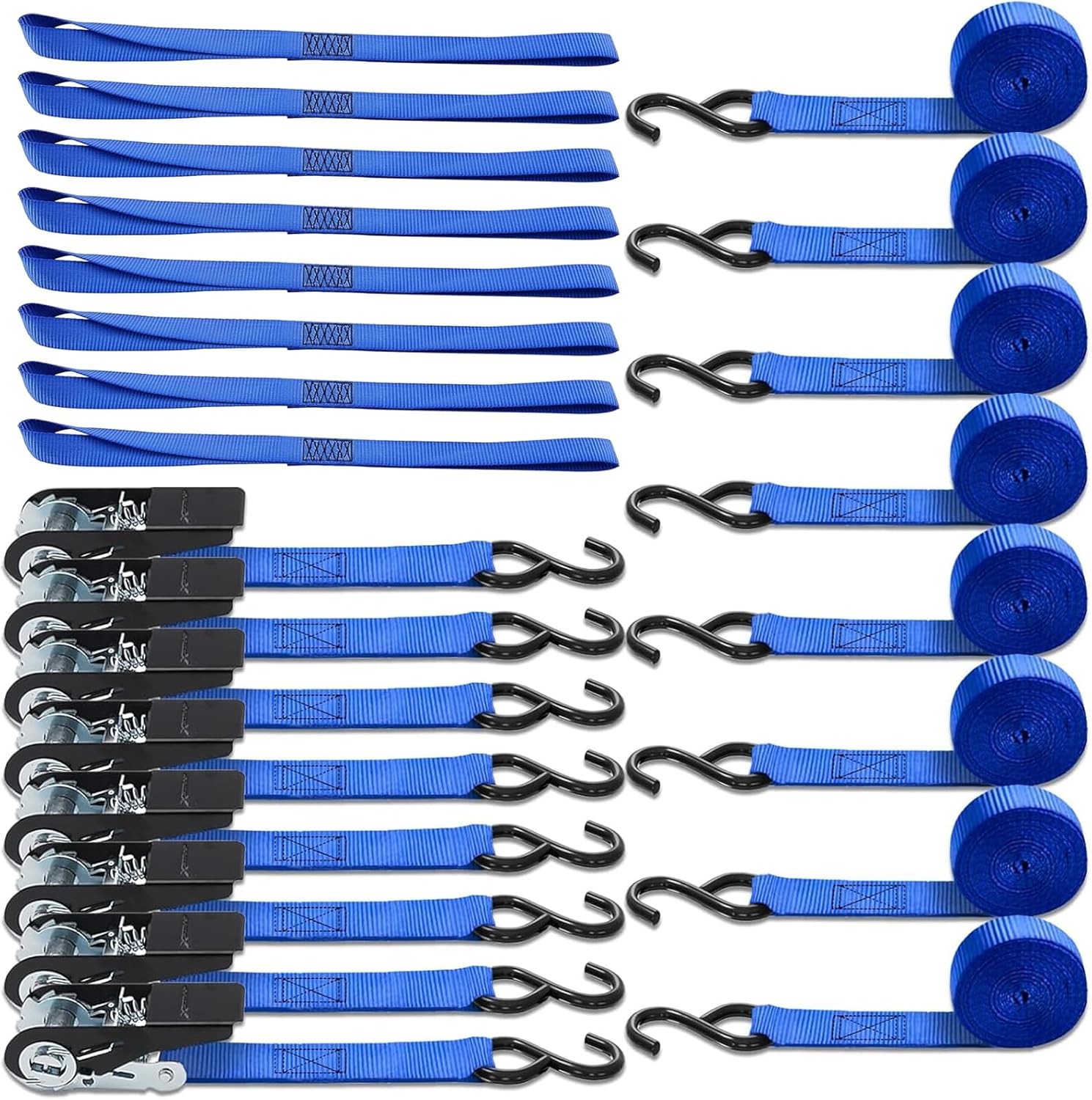 XSTRAP STANDARD Tie-Down System – 8PK 10FT Ratchet Straps (900Lbs Break Strength) + 8PK 18IN Soft Loops (3600Lbs Break Strength) – Heavy Duty Cargo Securing Kit for UTV, ATV, Motorcycle, Truck