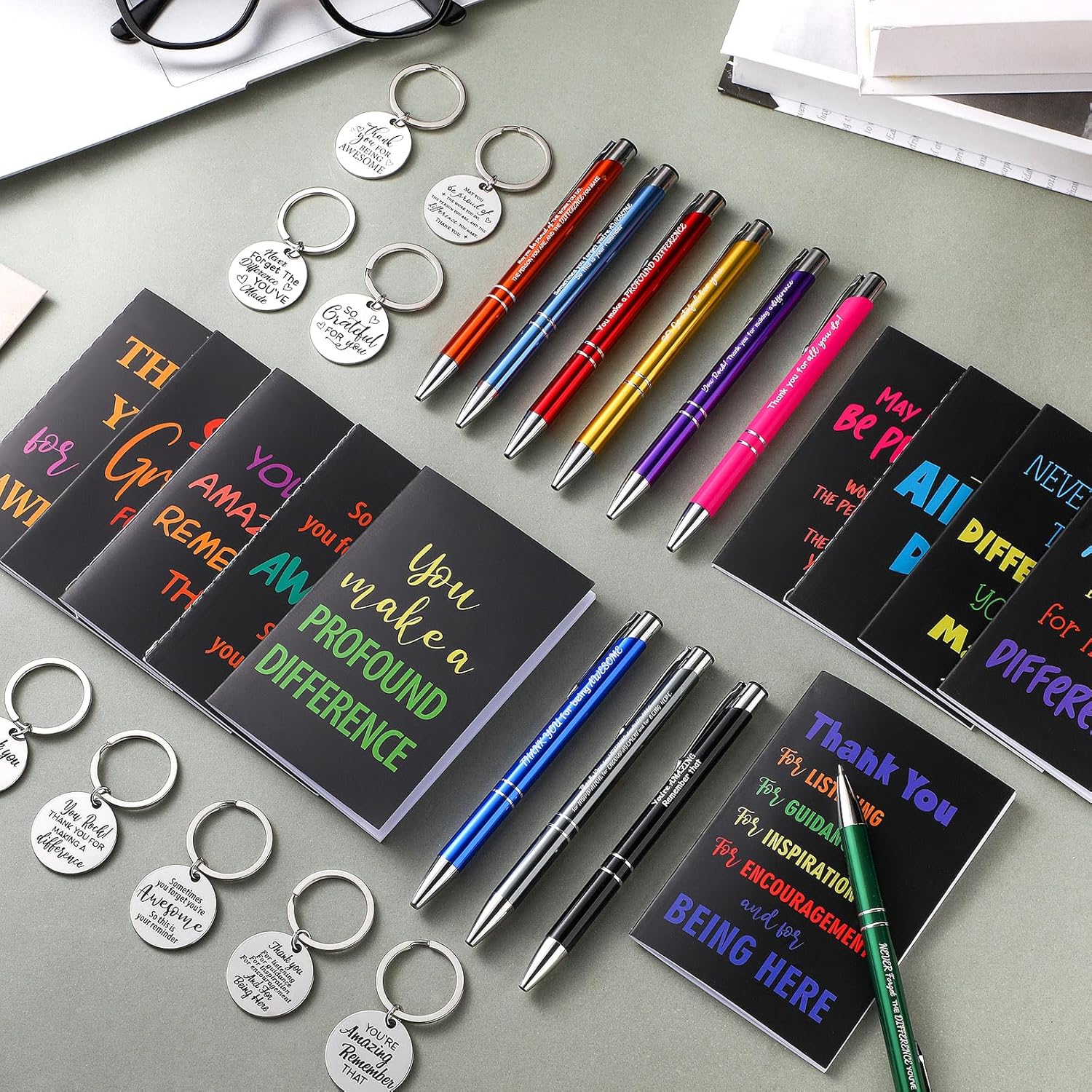 Yeaqee 180 Pcs Employee Appreciation Gifts Bulk Inspirational Notebooks with Pens and Keychains Thank You Gifts for Teacher Staff Volunteer Team Coworkers
