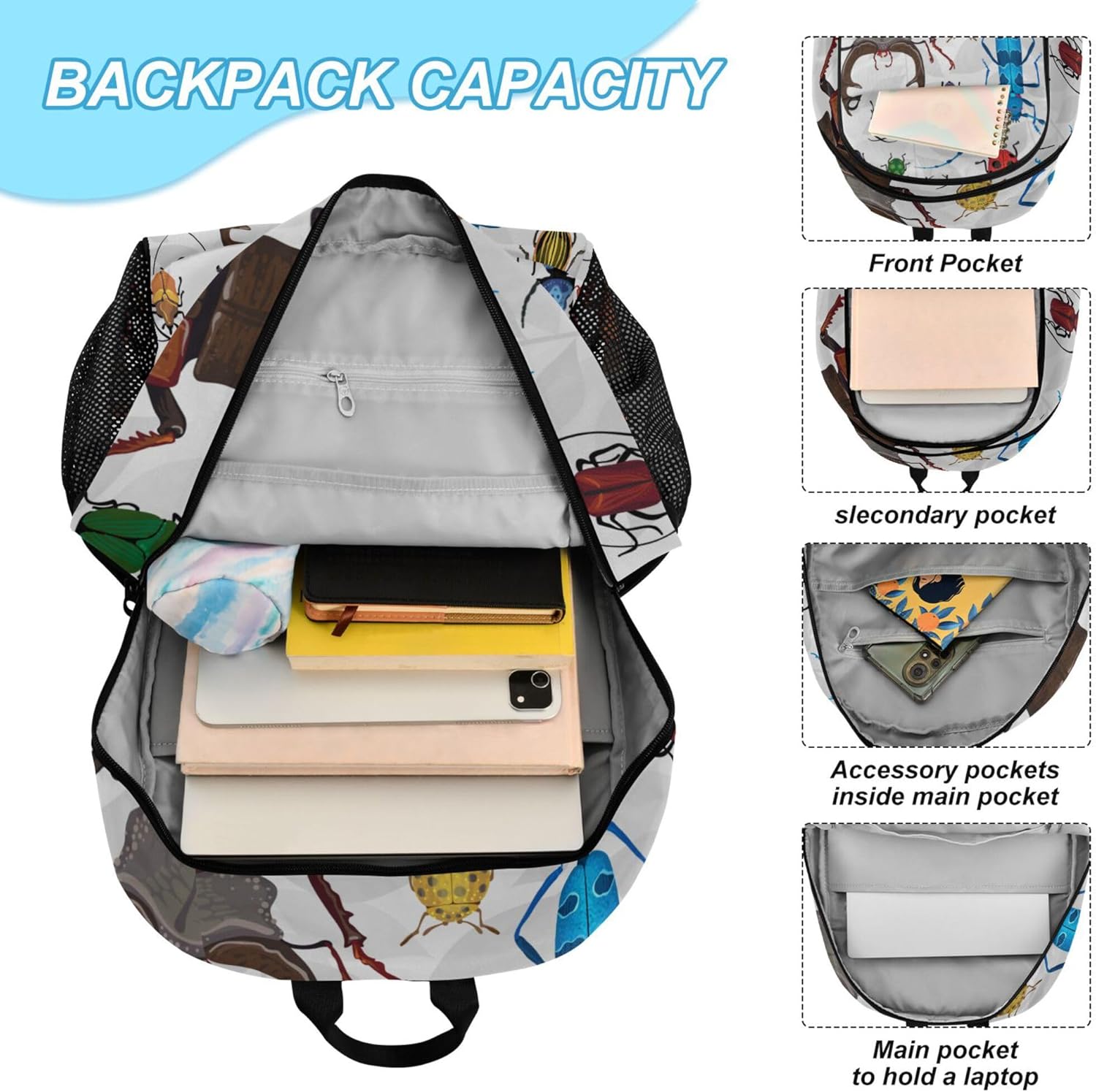 Bugs Small Beetles Insect Backpack with Lunch Bag, School Backpack for Teens Boys Girls Kids Backpacks Set