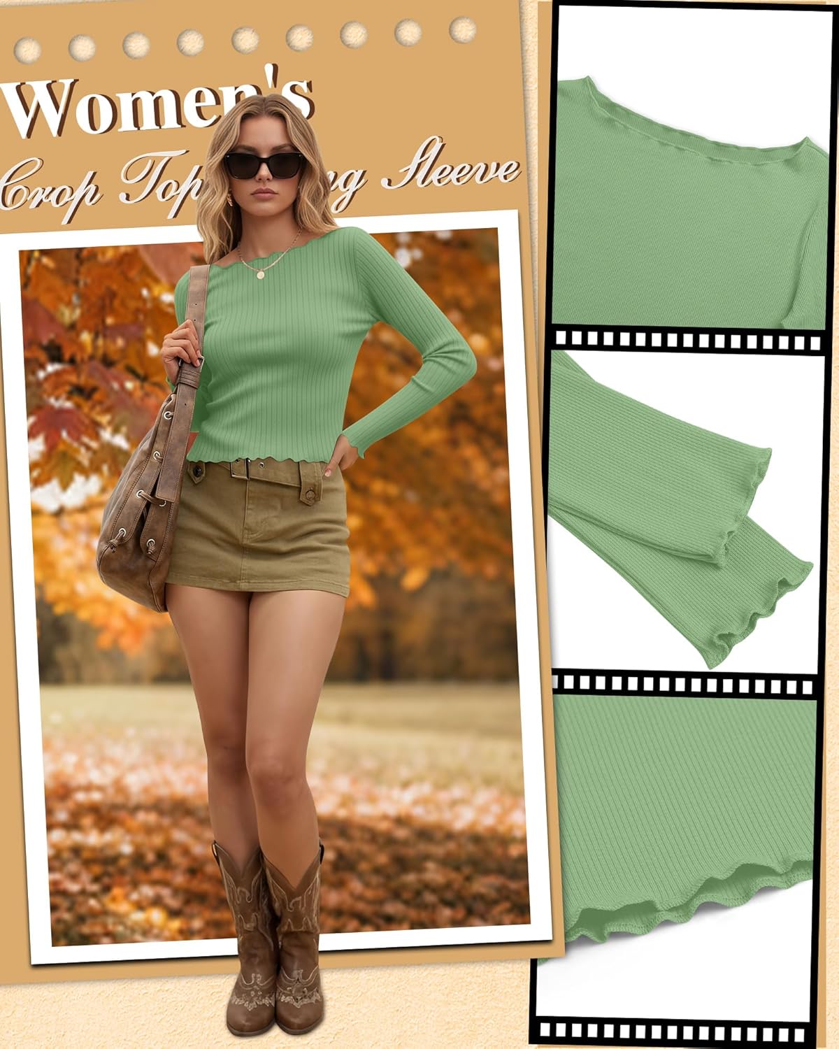 Neer 3 Pack Women's Crop Tops Long Sleeve Cotton Boat Neck Shirts Lettuce Trim Ribbed Slim Fit Casual Basic Tees - Image 4