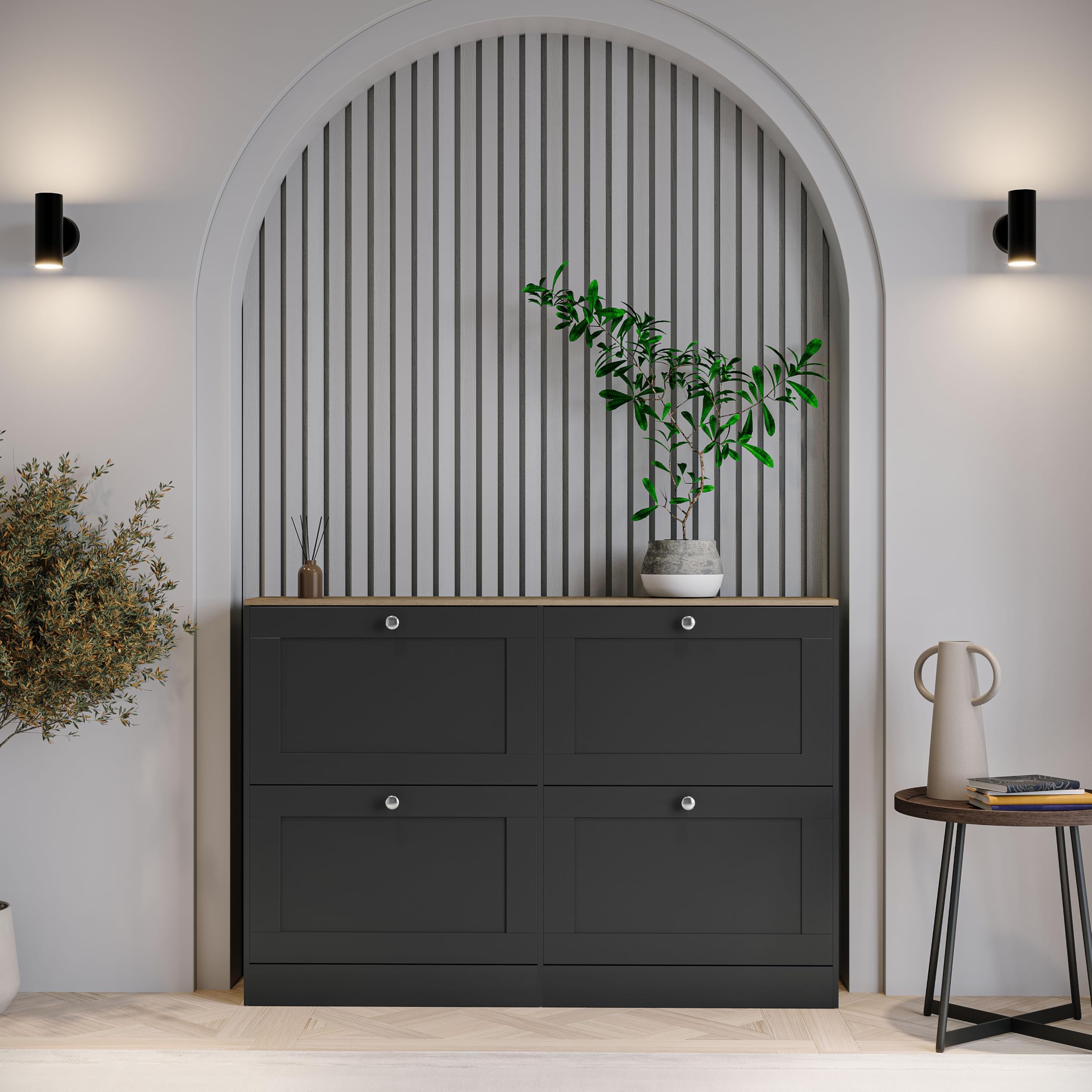 Vida Designs 4 Drawer Shoe Cabinet | Black & Oak | Space-Saving Storage for 20+ Pairs | 80H x 105W x 23.5D cm | Anti-Tip | Modern Hallway Unit
