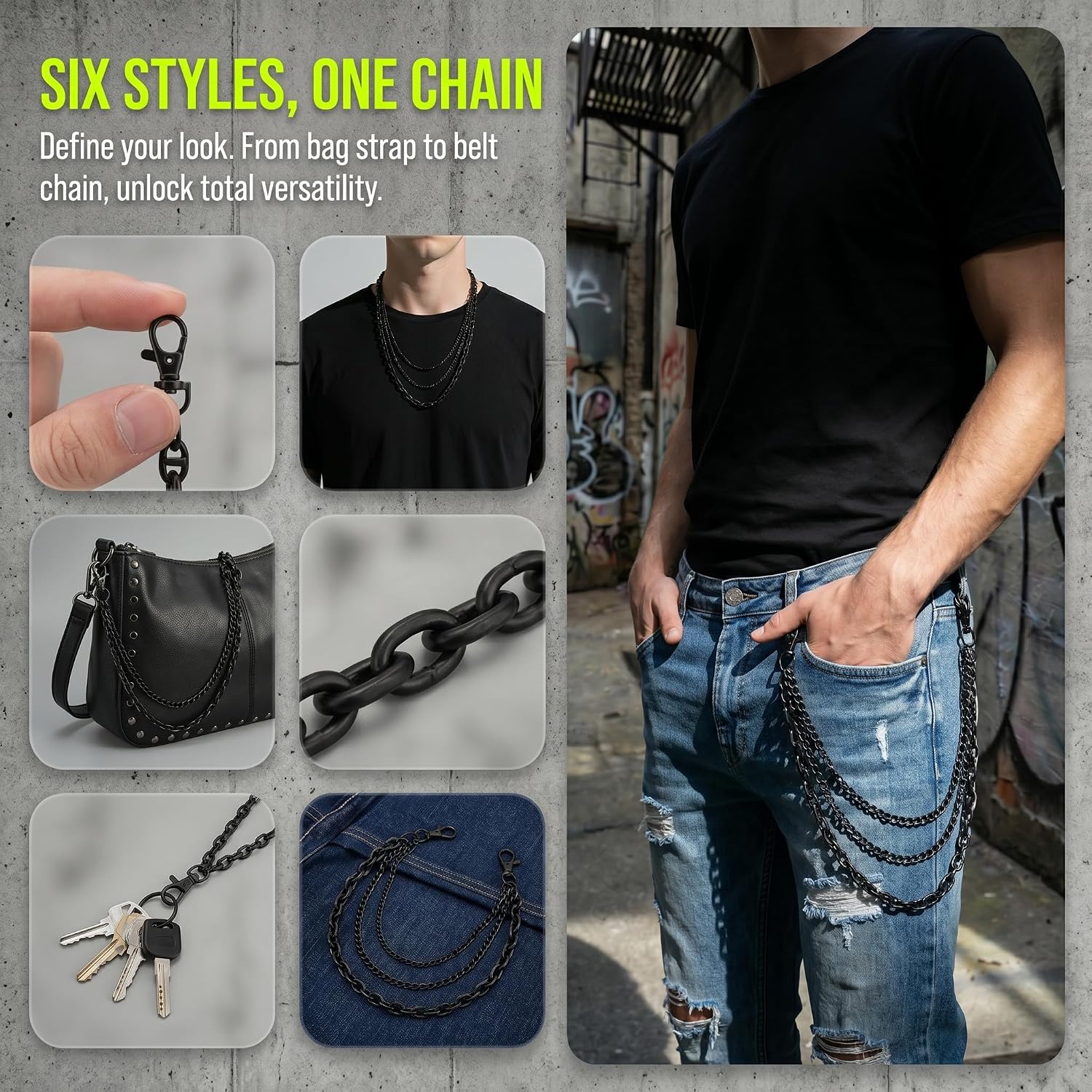 Black Purse Chain for Women Gothic Wallet Chain Belt Matte 3 Chain Strap for Bag Pants Grunge Western Style Accessories