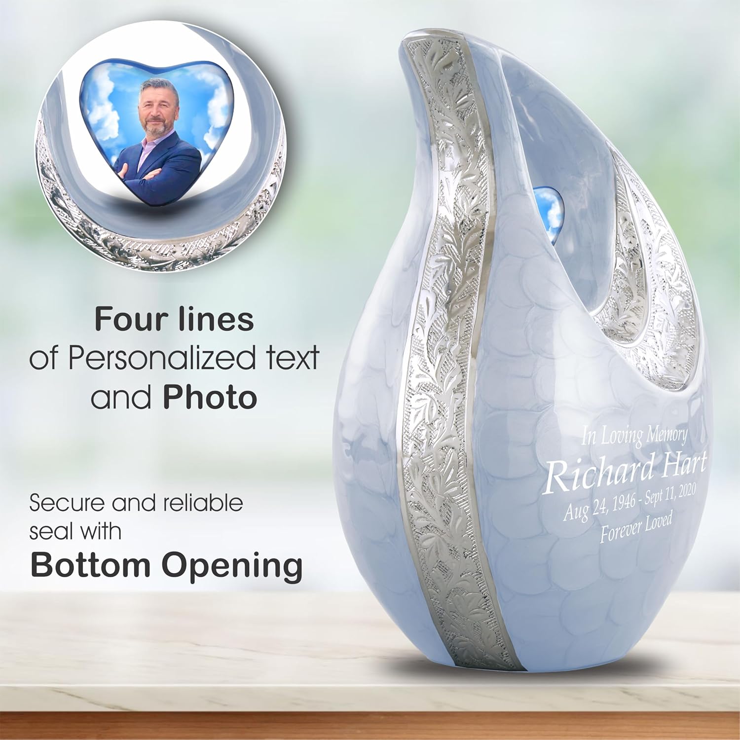 Personalized Photo & Text Blue Teardrop Cremation Urns for Adult Ashes Male Female - 220 Lbs Burial Urns for Human Ashes - Handcrafted Funeral Decorative Urn for Adult with Velvet Bag