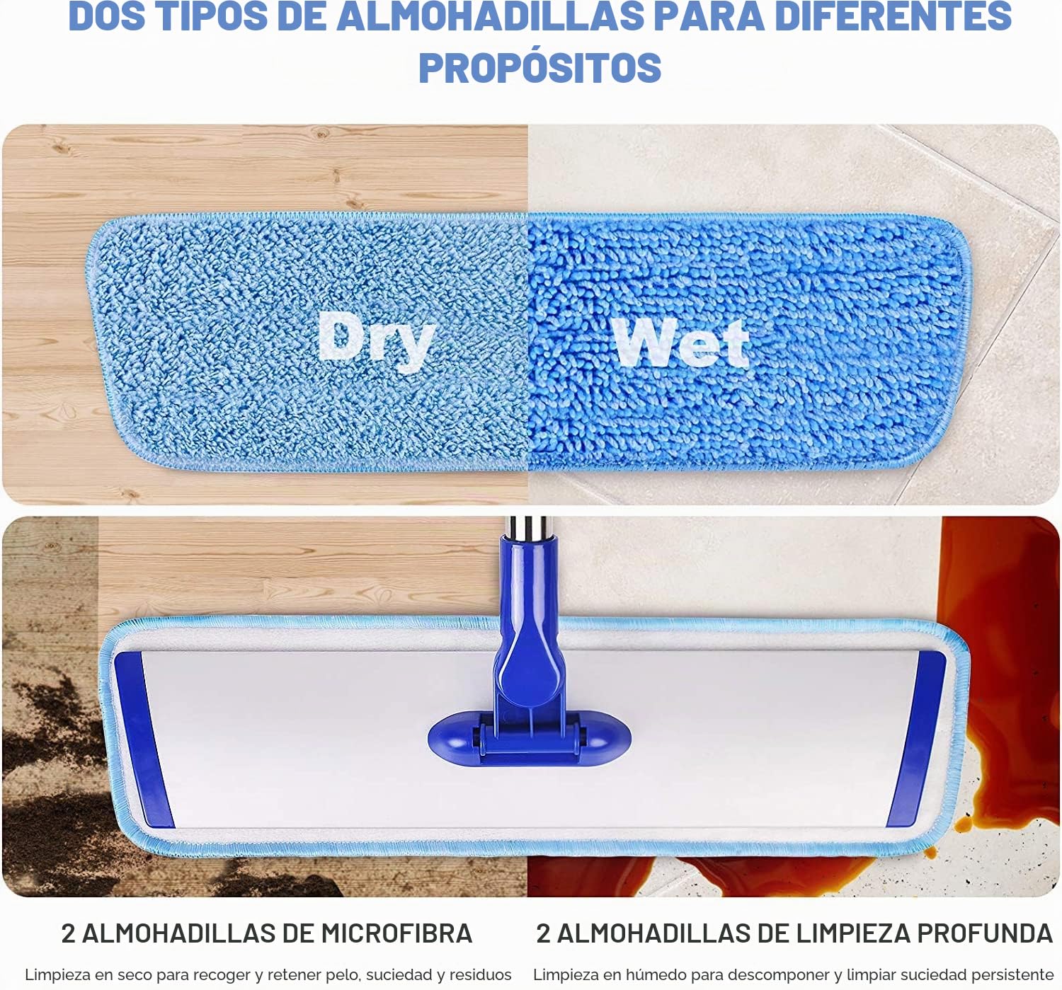 Mopa de Microfibra Profesional de 18 Pulgadas, trapeador Plano con Mango de Acero Inoxidable, 4 Almohadillas Reutilizables Lavables y Cepillo de fregona, mopa de Microfibra para Madera Dura (fregona
