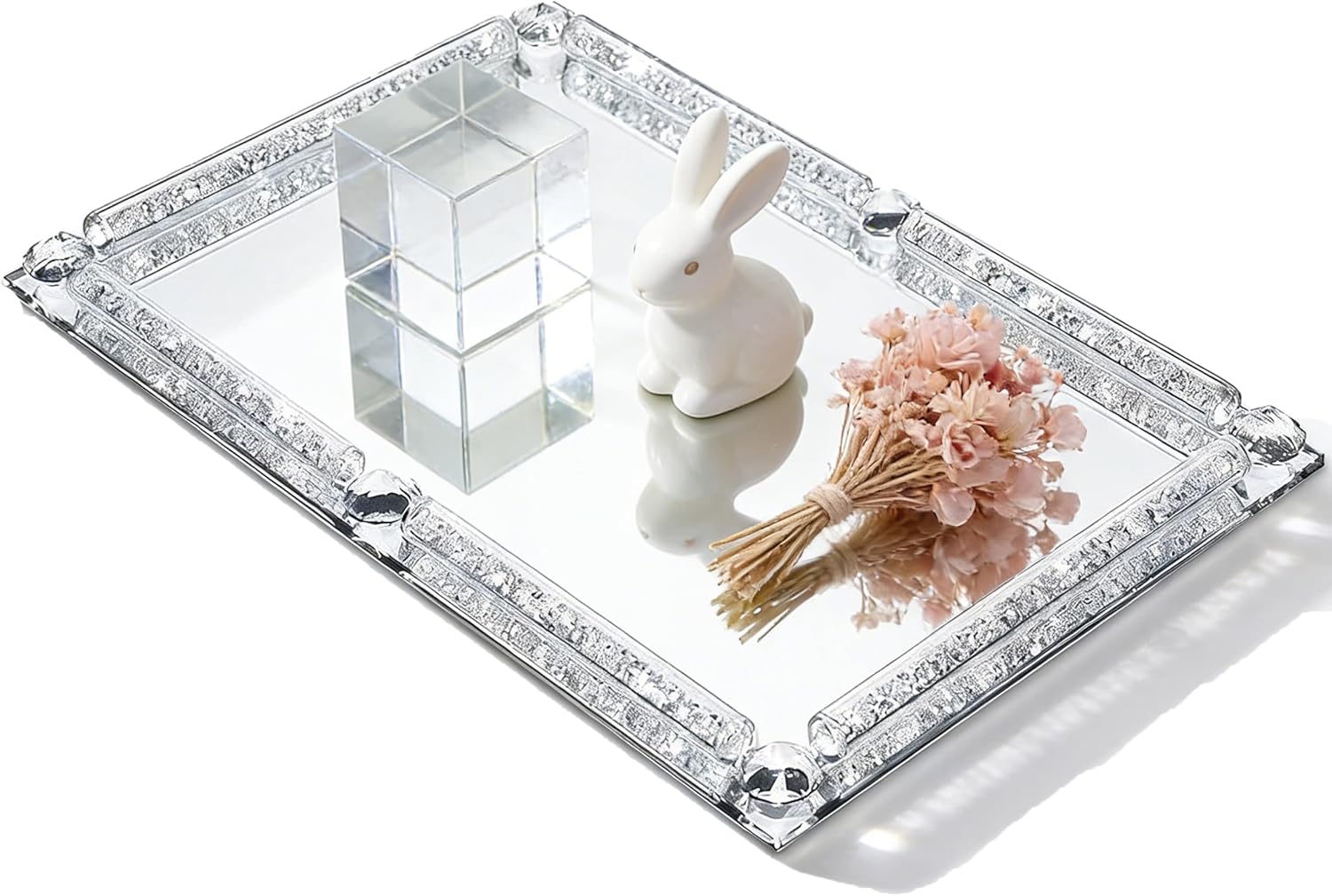 Large Crystal Glass Tray, Crushed Diamond Filled Mirror Vanity Cosmetic Makeup Tray, Sparkle Perfume Jewelry Countertop Decorative Tray, for Home Party Hotel Banquet Dresser Bathroom Bedroom(Silver)