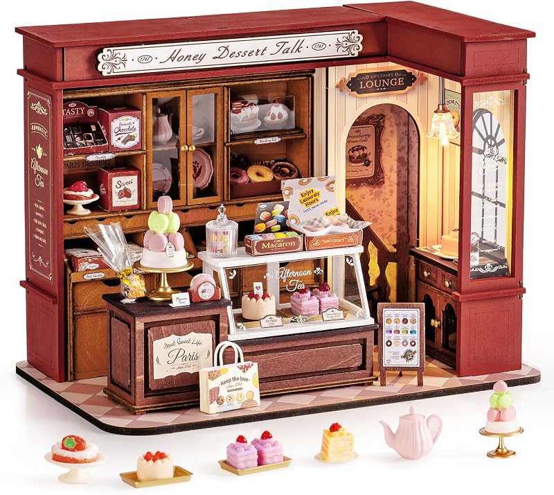 Rolife Dessert Shop DIY Kit de casa de muñecas en miniatura, regalo creativo para adultos | Pequeña casa francesa vintage a escala 1:18 con luz LED, kit de modelo de rompecabezas 3D de madera, juego de manualidades Diorama para exhibición de decoración del hogar