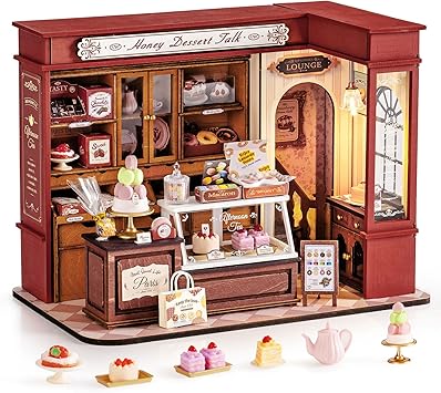Rolife DIY Dollhouse Miniature House Kit 118 Vintage French Dessert Shop, Wooden Diorama Model Kit Mini House to Build with LED, Arts and Crafts for Adults Home Decor Creative Gift for Boys Girls