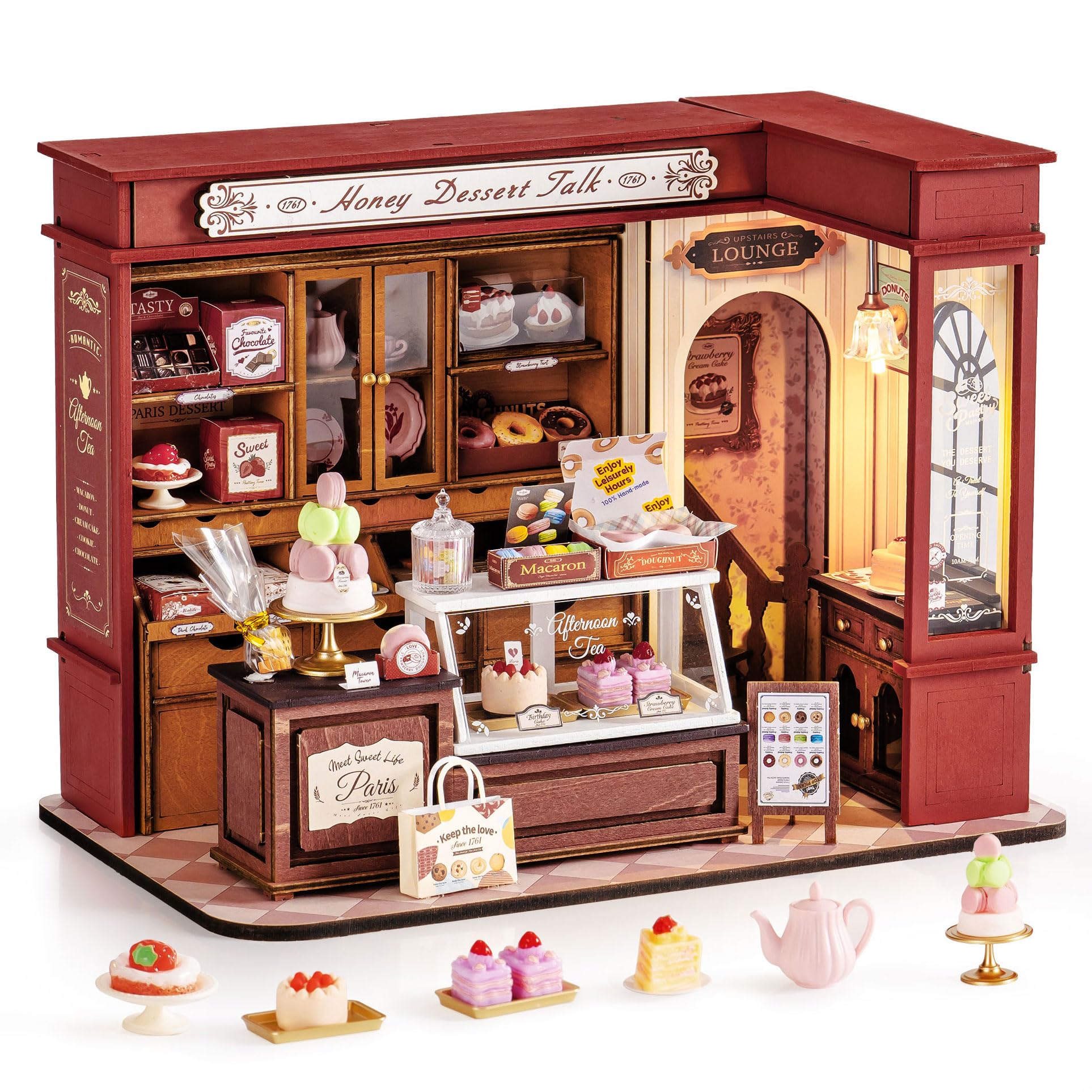 Rolife DIY Dollhouse Miniature House Kit 1:18 Vintage French Dessert Shop, Wooden Diorama Model Kit Mini House to Build with LED, Arts and Crafts for Adults Home Decor Creative Gift for Boys Girls